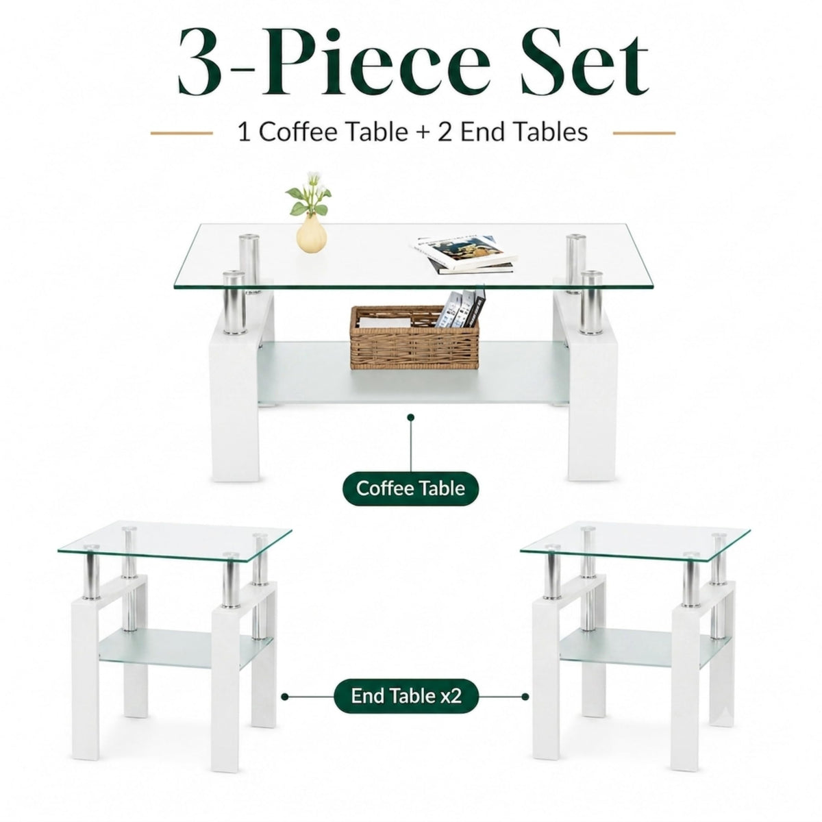 Meihua 3-Piece Coffee Table Set, Glass Coffee Table with 2 End Tables