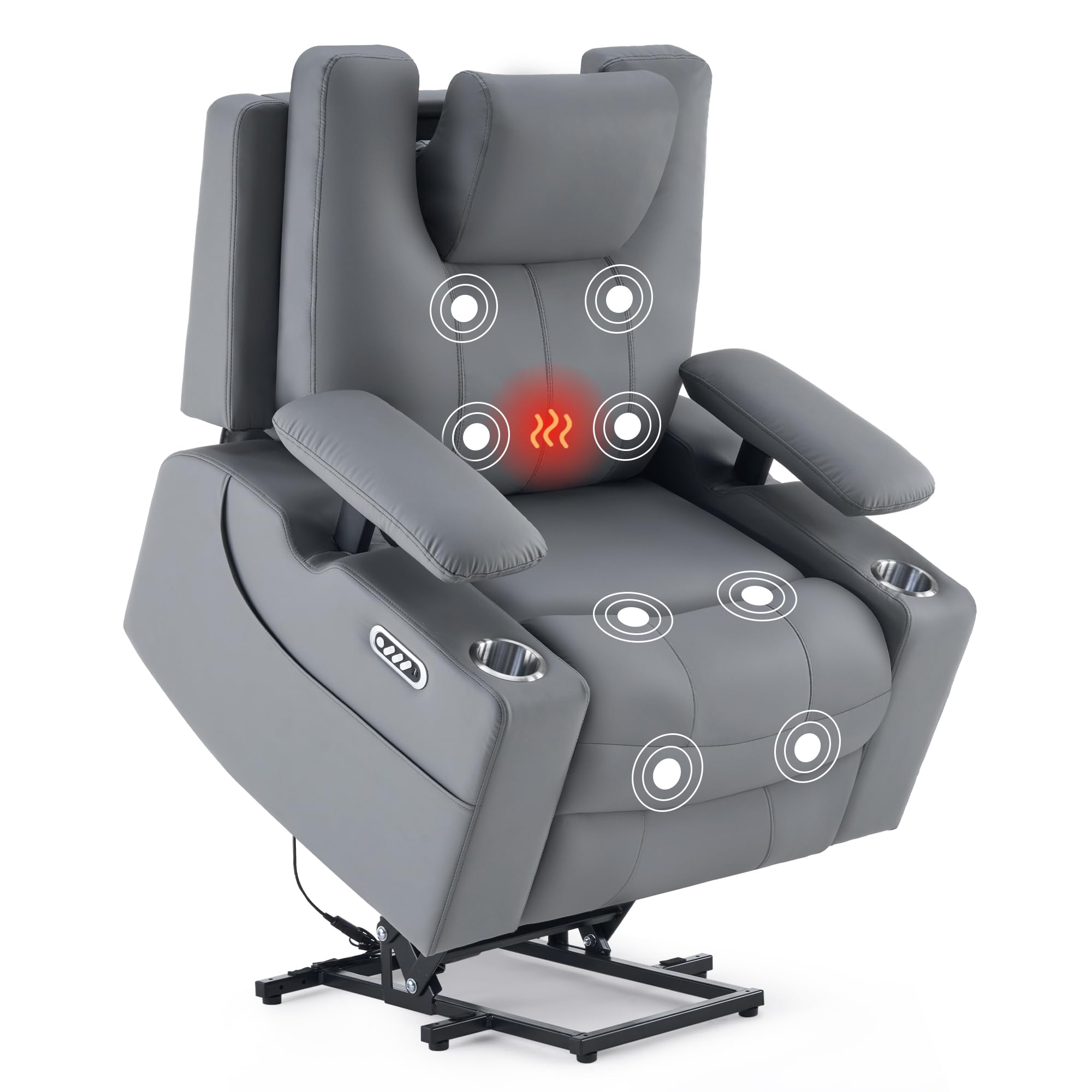 GRAINELL 4-Motor Power Lift Recliner Chair with Independent Backrest & Footrest Adjustment, Adjustable Headrest & Armrests, Massage & Heat for Elderly, USB, Cup Holders, Leather Grey
