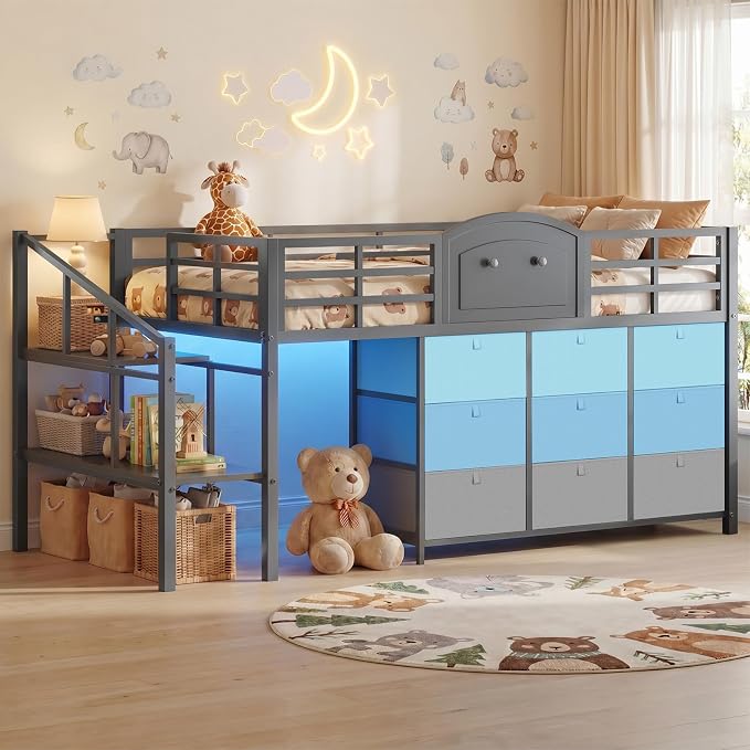 Twin Low Loft Bed with Storage Stairs