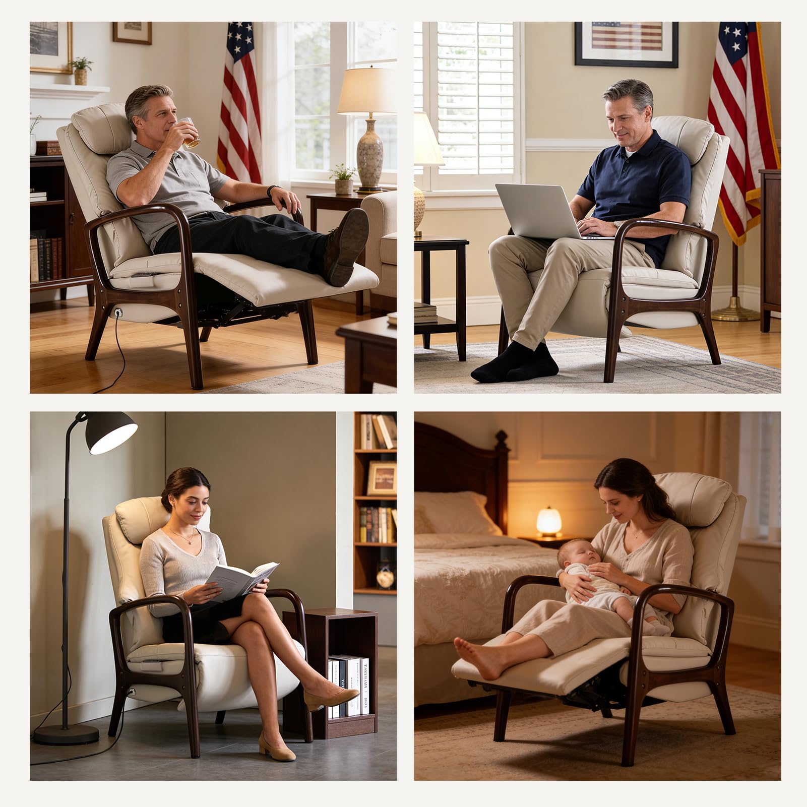 EMIAH M7 Power Recliner Chair for Adults with Adjustable Lumbar Support & 5-Min Rhythmic Stretch, 160° Reclining Faux Leather Accent Chair with Adjustable Headrest for Living Room Home Theater(Beige)
