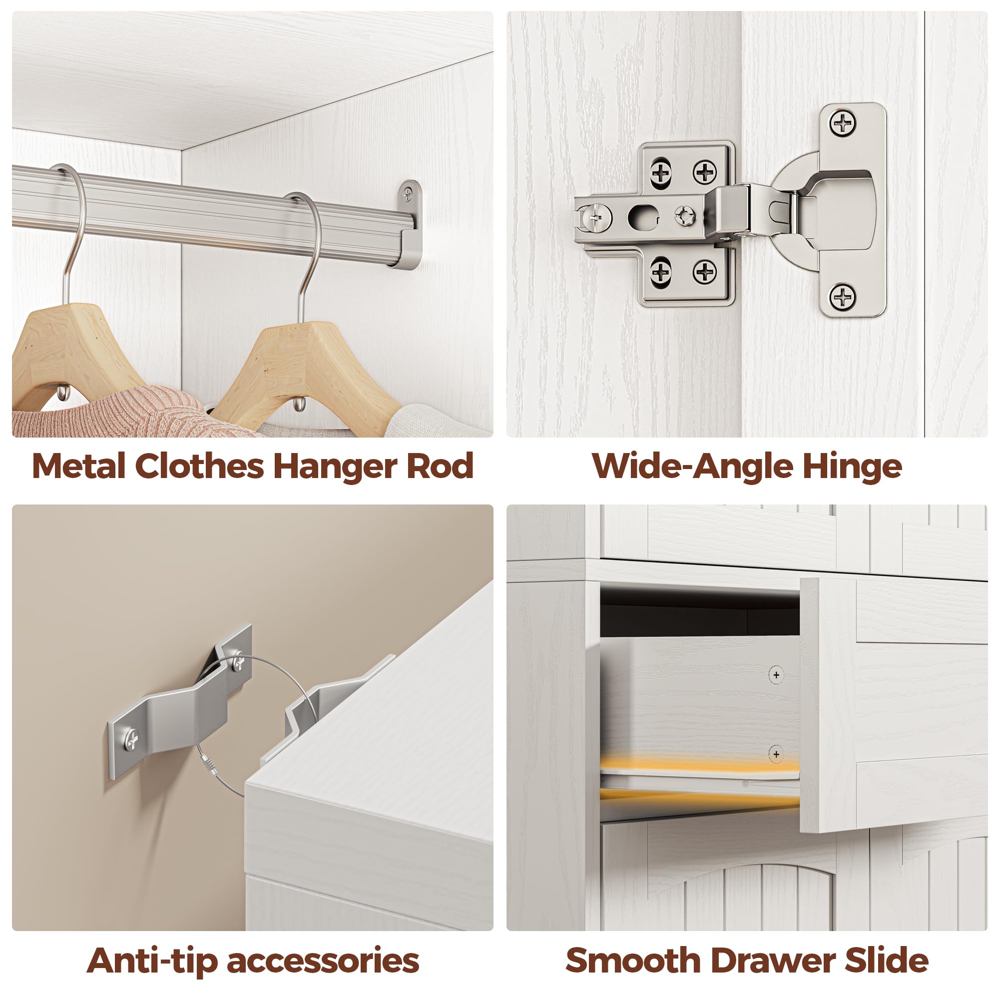 LIKIMIO 77" Tall Freestanding Armoire Wardrobe Closet with 4 Doors, Drawer, Hanging Rod & Adjustable Shelves, Bedroom Clothes Storage Cabinet, White