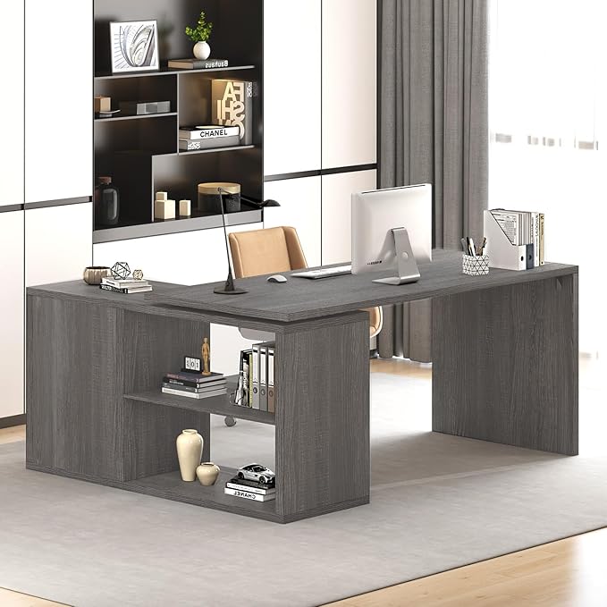 L-Shaped Corner Desk with Storage Shelves & Cabinet