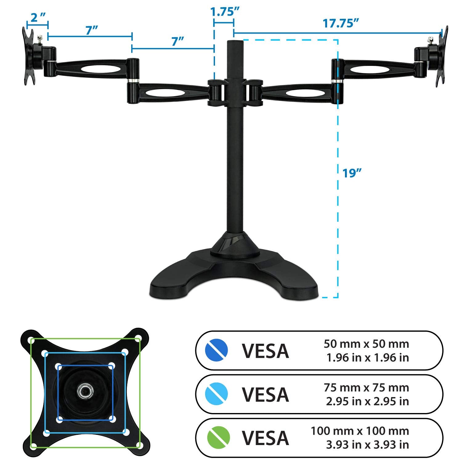 Dual Monitor Stand – Full Motion Arms, VESA 75x75/100x100, Freestanding or Grommet