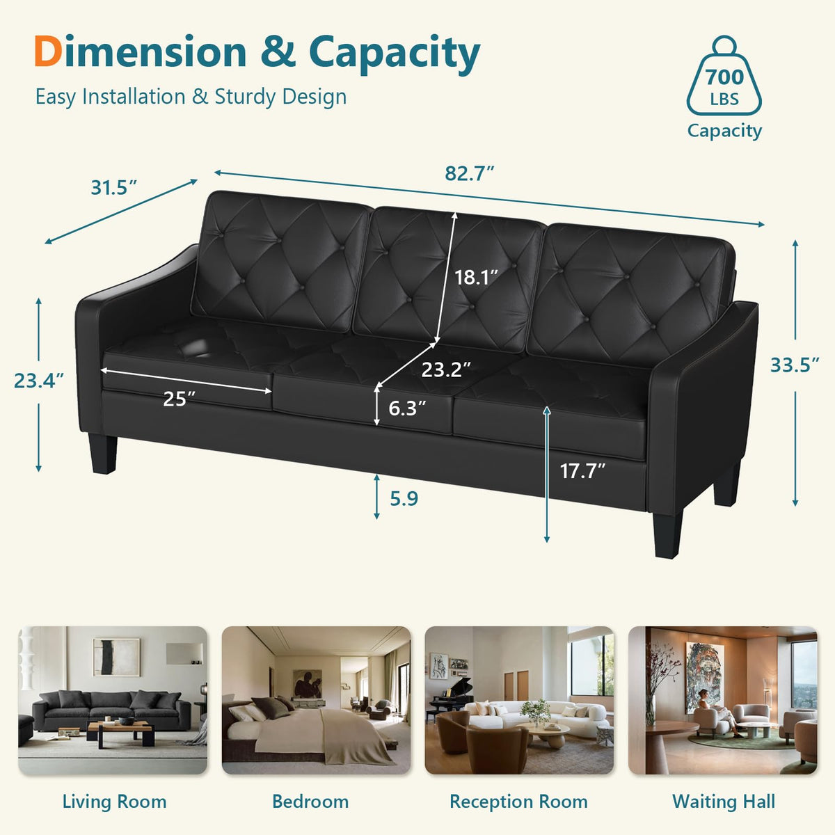 Black Tufted Faux Leather Sofa