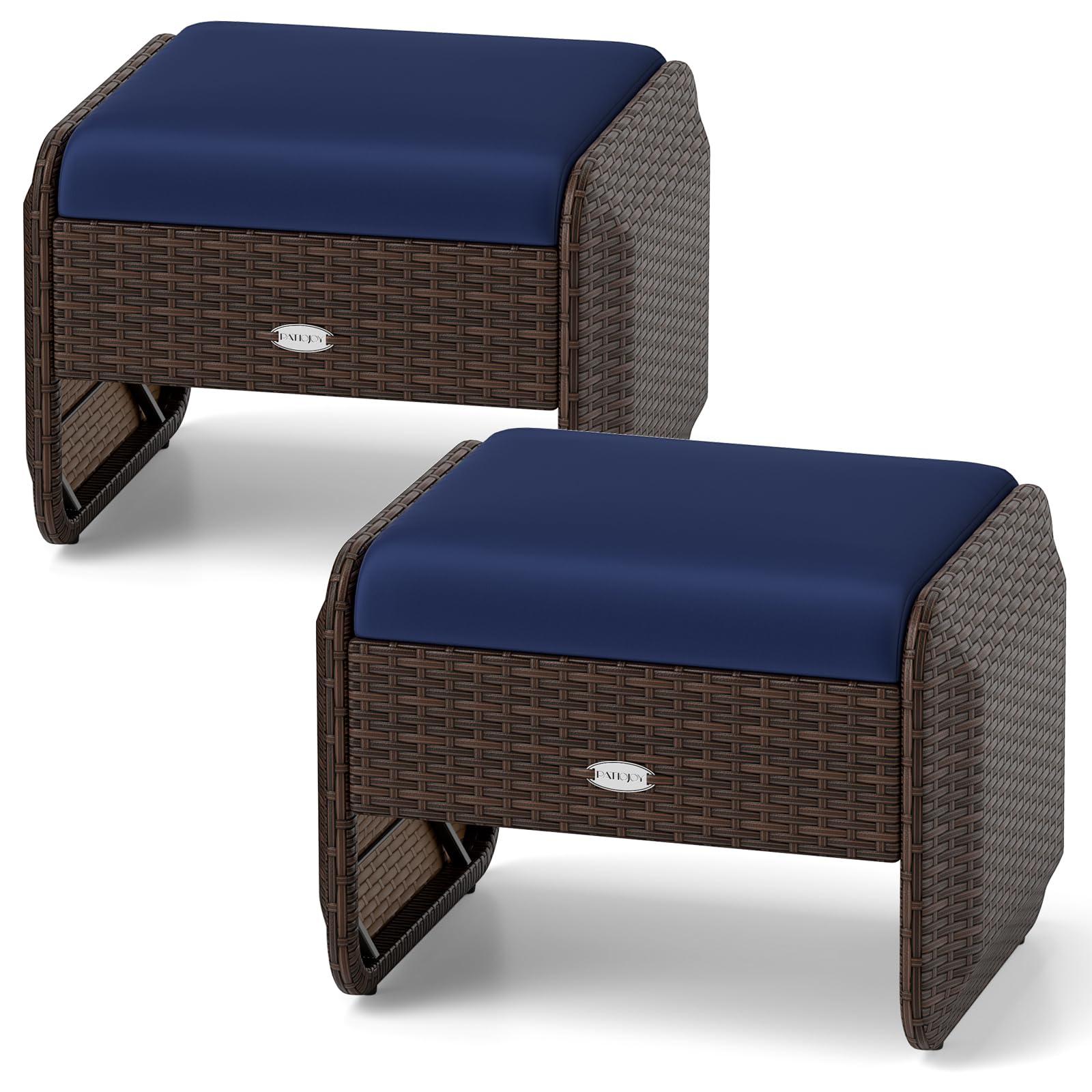 Outdoor PE Rattan Ottoman Set of 2 with Cushions