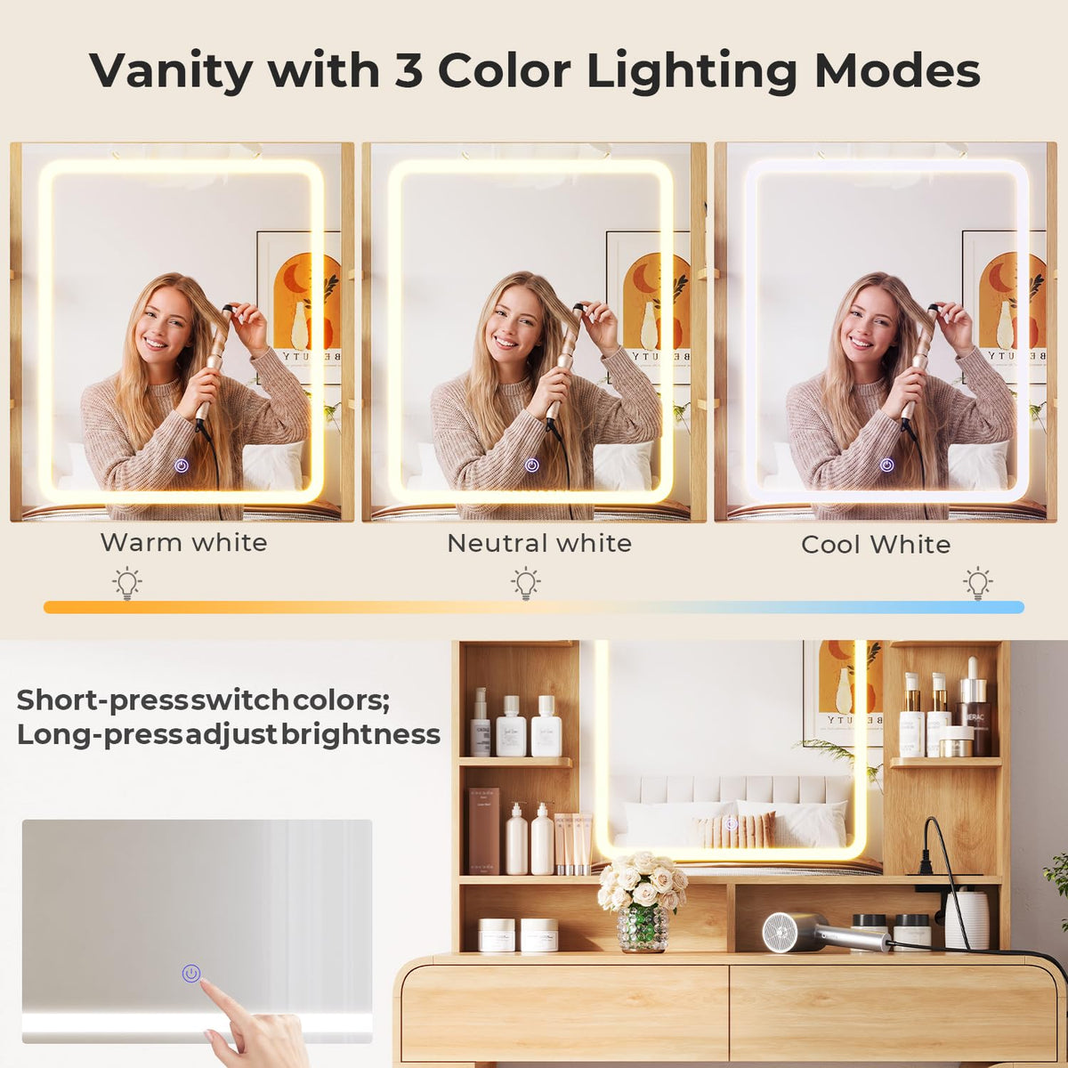 Vanity Desk with Mirror & Lights, 8 Drawers & Charging Station, Natural