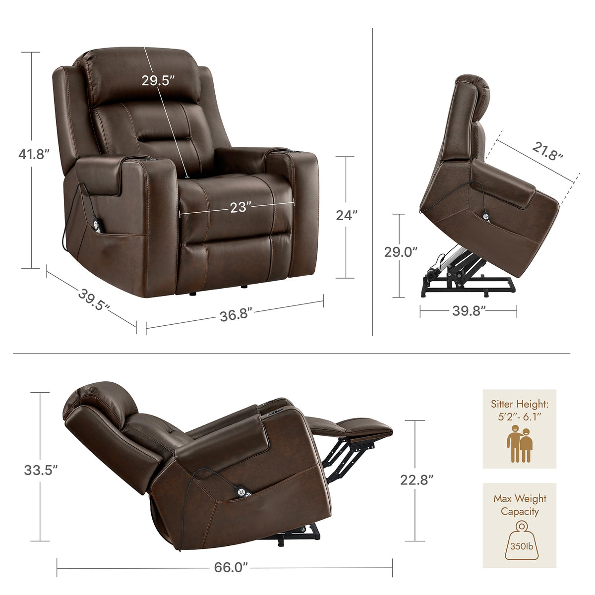 Watson & Whitely Genuine Leather Power Lift Recliner Chair, Lay Flat, Brown