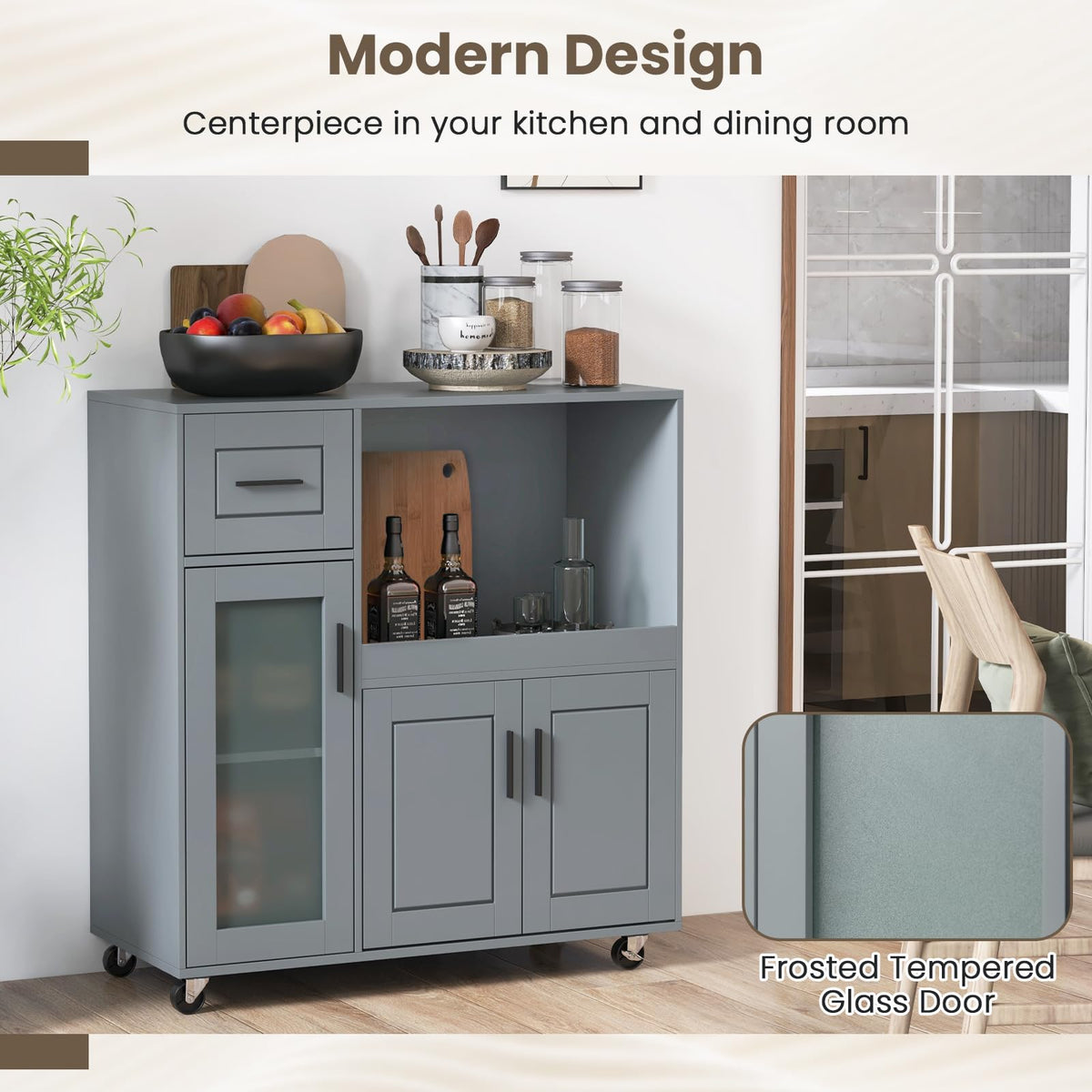 GIANTEX Kitchen Island Cart with Storage, Rolling Island Table with Drawer, Glass Door, Adjustable Shelf, Bar Coffee Microwave Cart On Wheels for Dining Room, Grey