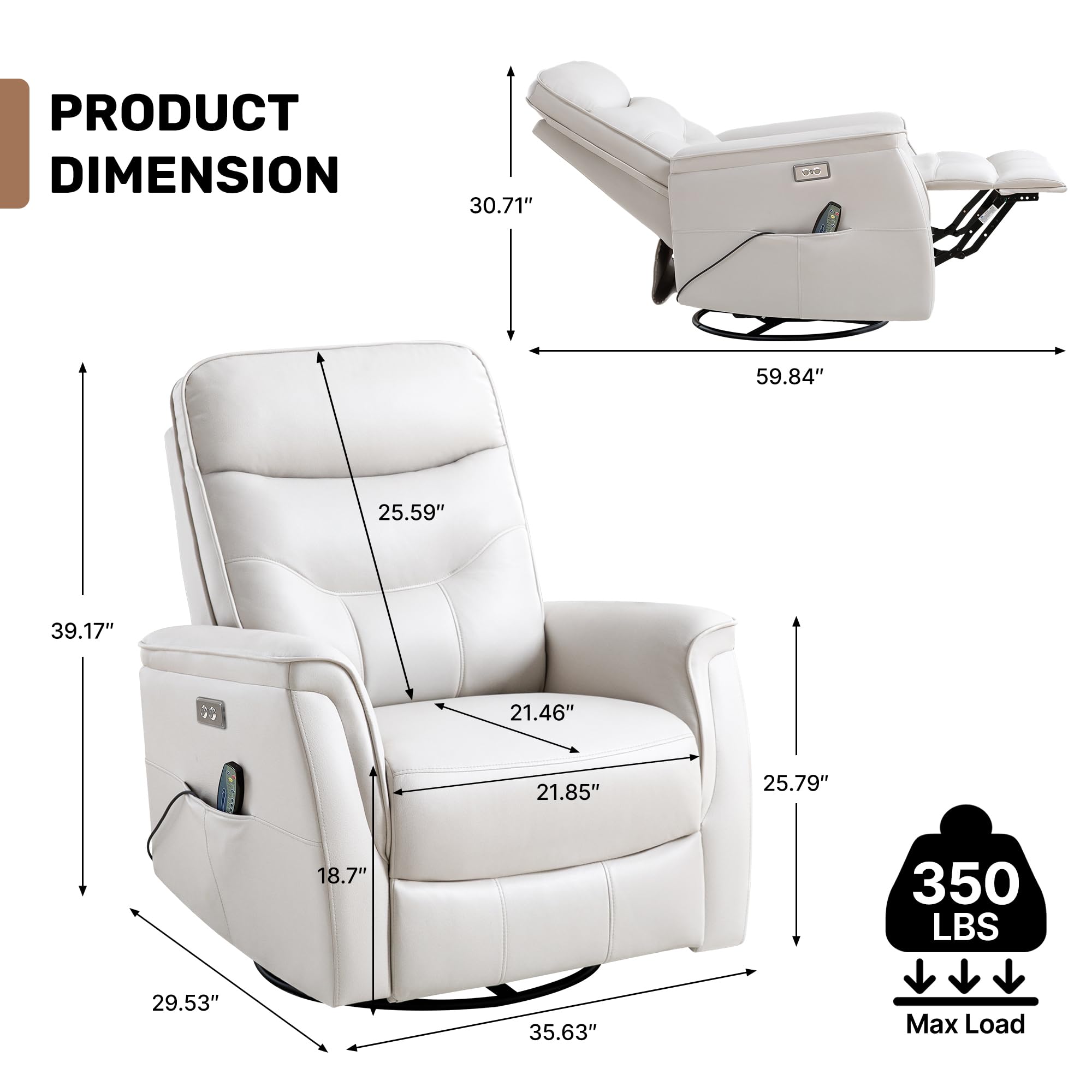 choairy Recliner Chair for Adults, Power Faux Leather Rocker Recliner Massage and Heat, Oversized Swivel Reclining Nursery Chair with USB Ports for Living Room, Office Beige
