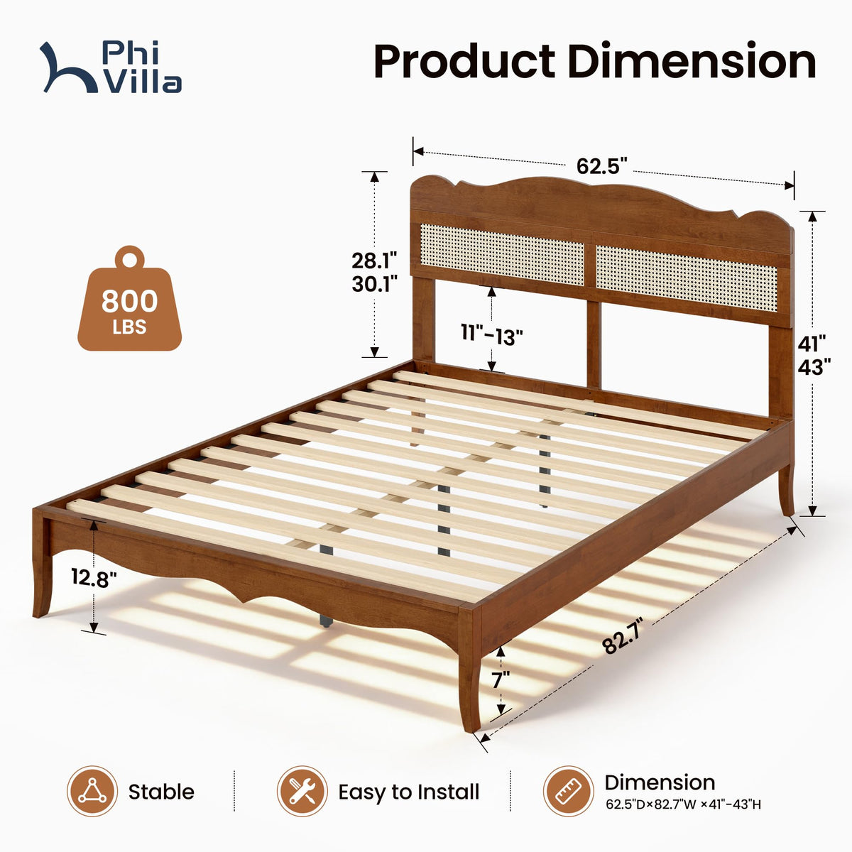 PHI VILLA Solid Wood Queen Bed Frame with Adjustable Headboard