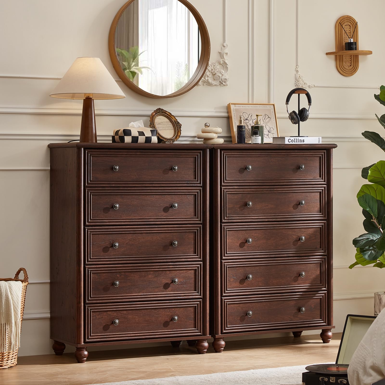 Farmhouse 5-Drawer Tall Dresser with Metal Handles