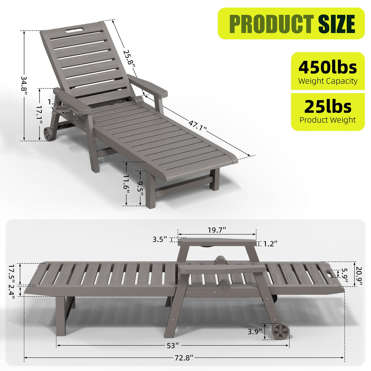 NUNU LAB Outdoor Chaise Lounge Chairs Set, Grey with Wheels, 2pcs