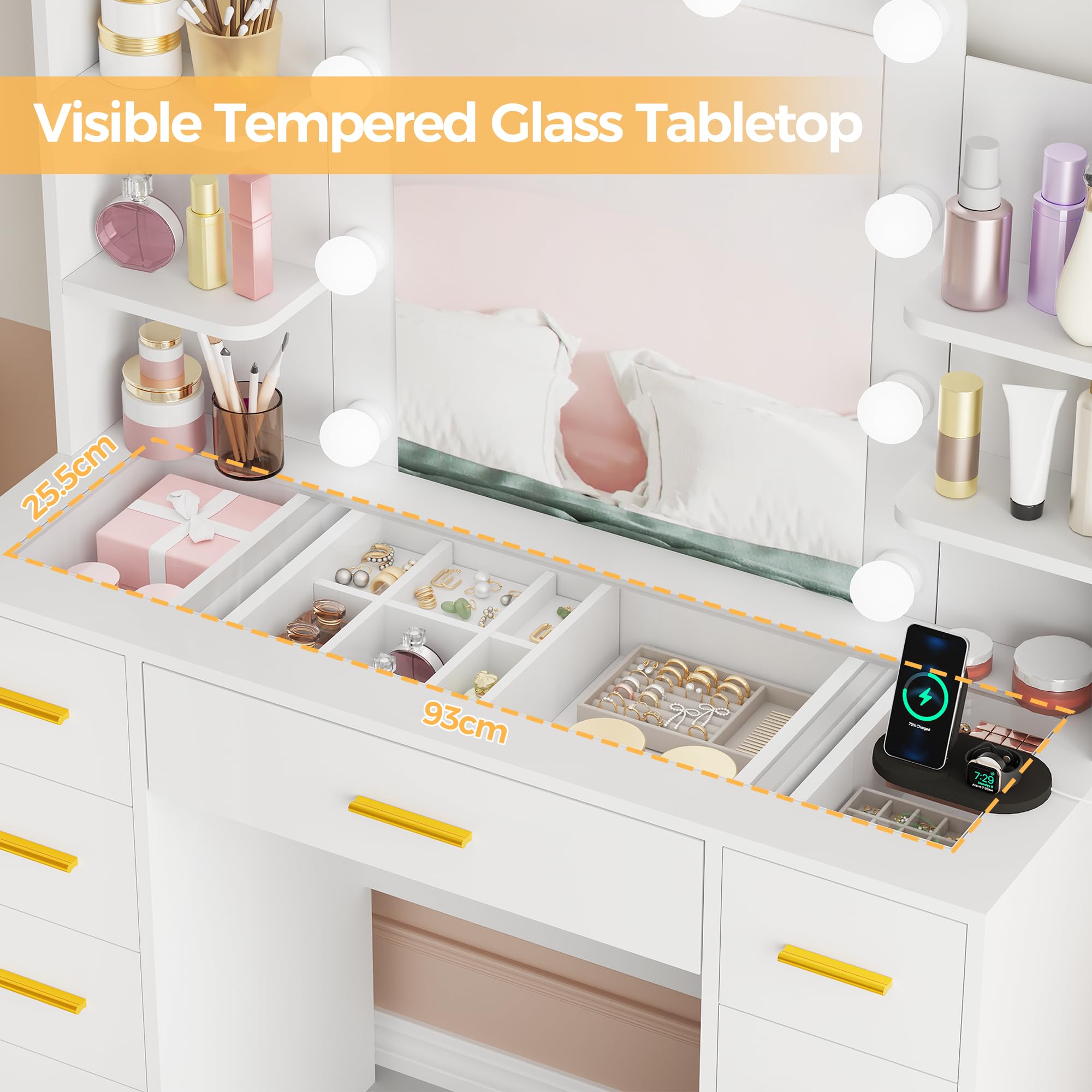 Vanity Desk with Mirror, Lights & Stool