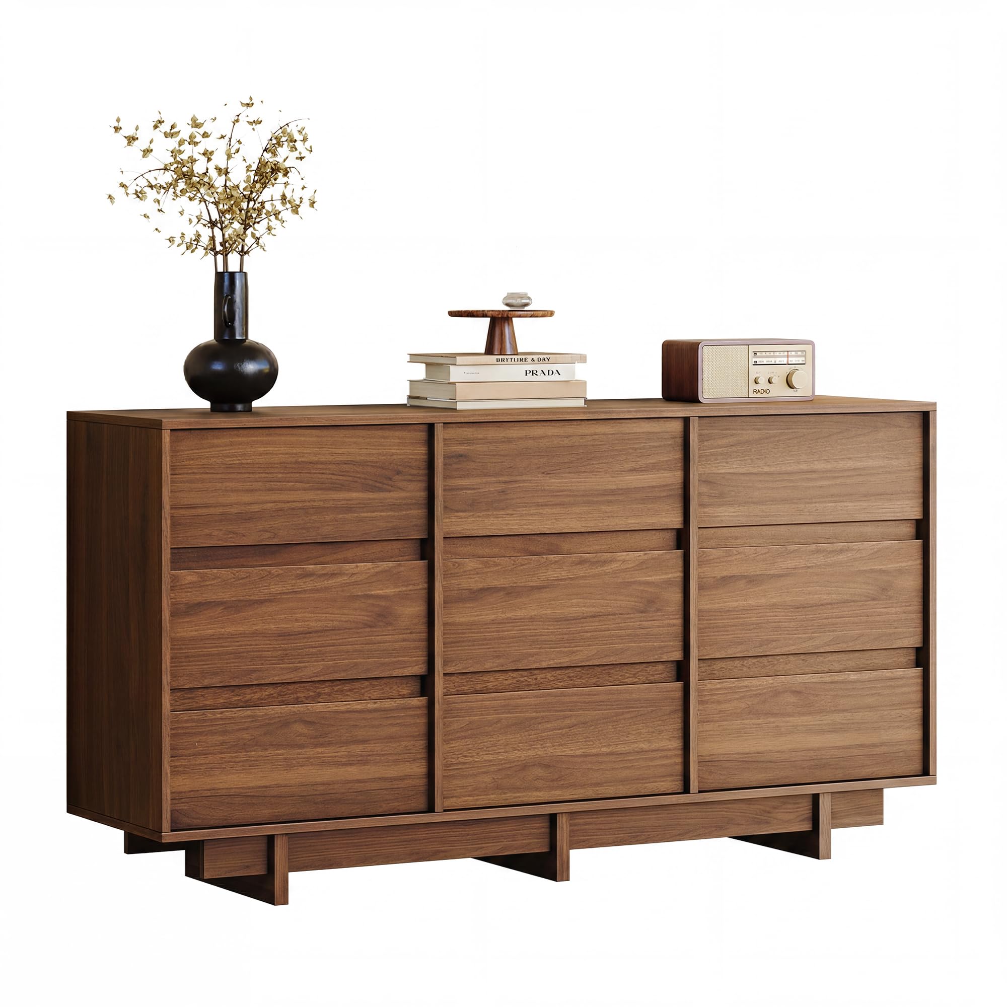 HOUROM Walnut Dresser for Bedroom with 9 Drawers,59" Wide Modern Dressers Chest of Drawers,Sturdy Base,Minimalist Linear Design,Wooden Closet Clothes Organizer for Bedroom,Hallway