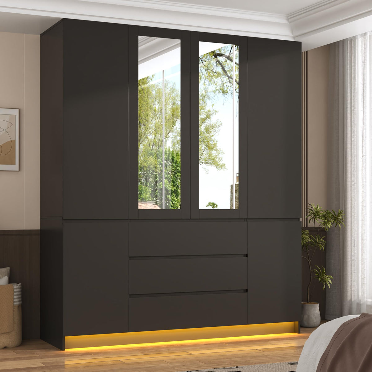 75" Tall Modern Wardrobe Closet with 2 Mirrors,LED Lights, 63"W Armoire Wardrobe Cabinet with 3 Drawers, Hanging Rod,Shelves, Freestanding Bedroom Storage Closet, Wooden Clothing Organizer, Black