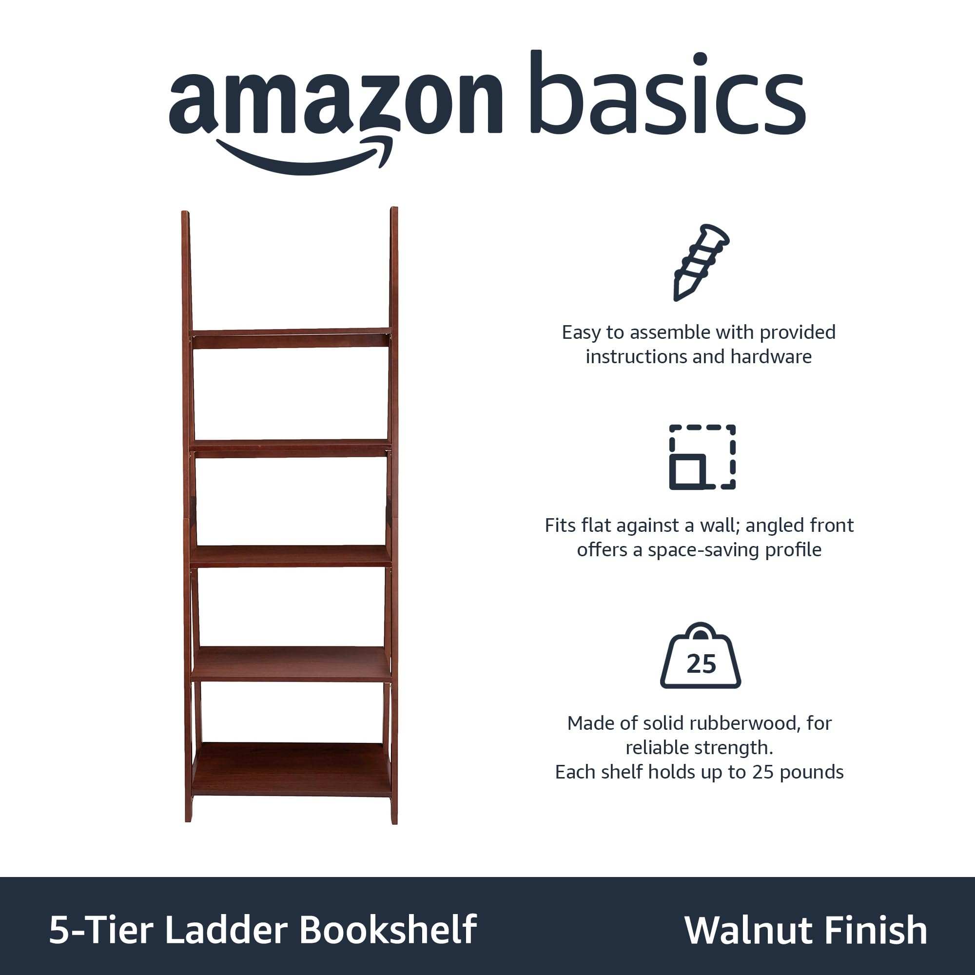 Amazon Basics 5-Tier Ladder Bookshelf Storage Organizer, Solid Rubberwood Frame, Space-Saving Bookcase, Sturdy Shelves, Walnut Finish, 14" D x 24.8" W x 70.1" H