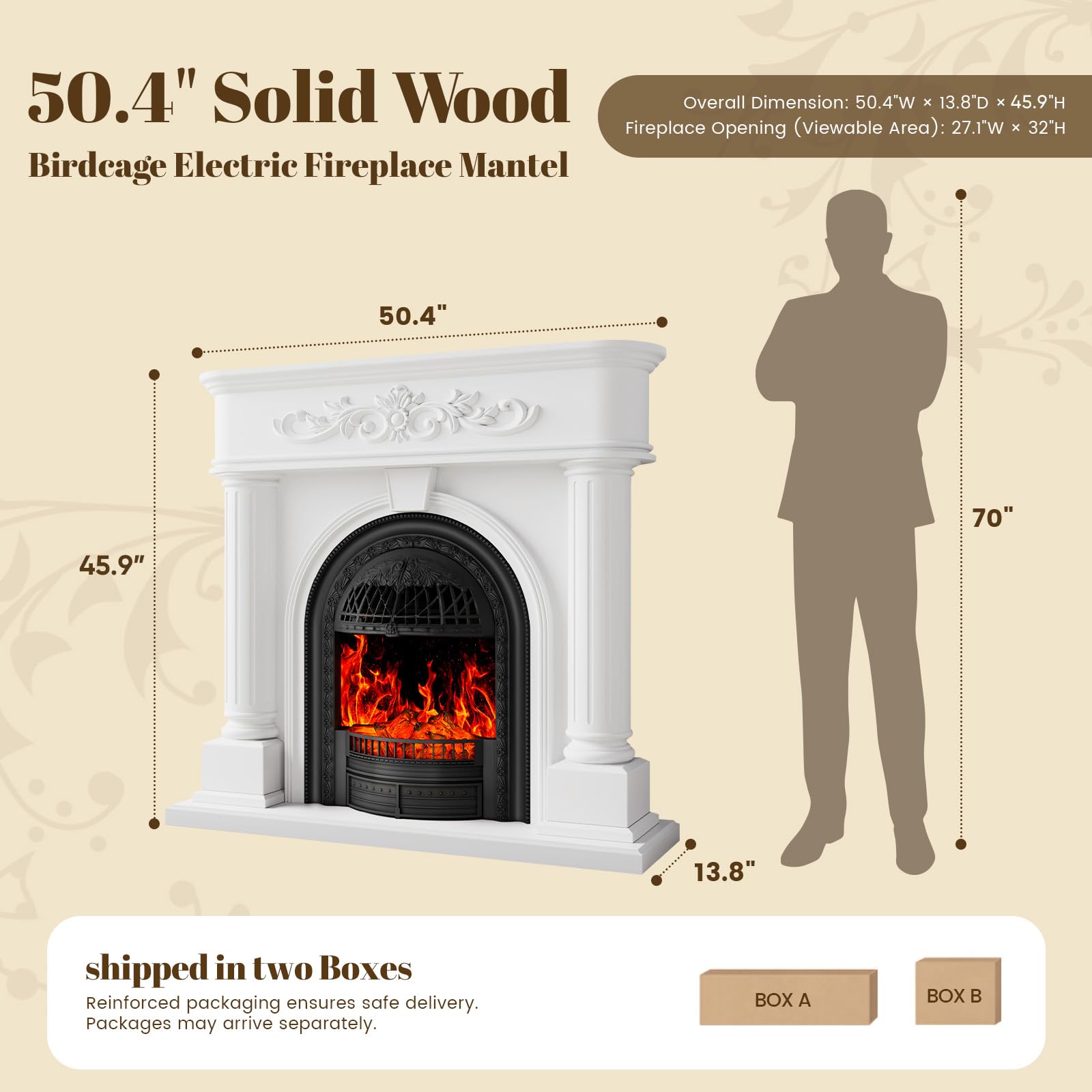 50” Solid Wood Electric Fireplace with Mantel, White Roman Column TV Stand with Black Arched Birdcage Heater Insert, Elegant Fireplace for Living Room, Bedroom & Entryway