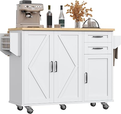 Rolling Kitchen Island Cart with Drop Leaf & Trash Can Storage