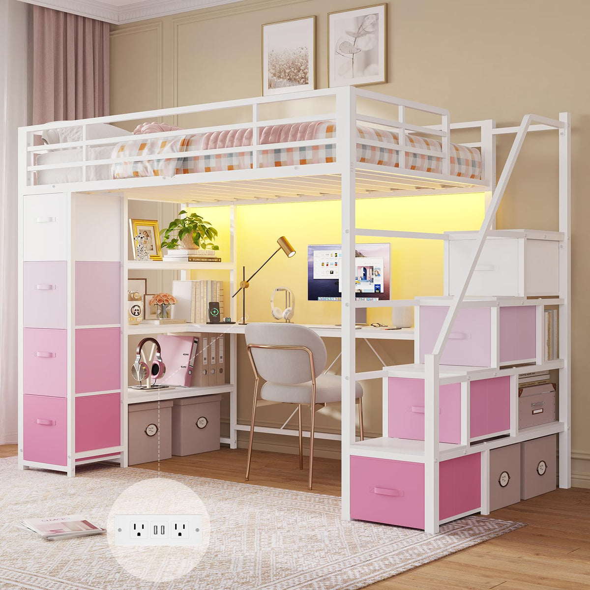 Twin Loft Bed with Desk and Storage Stairs