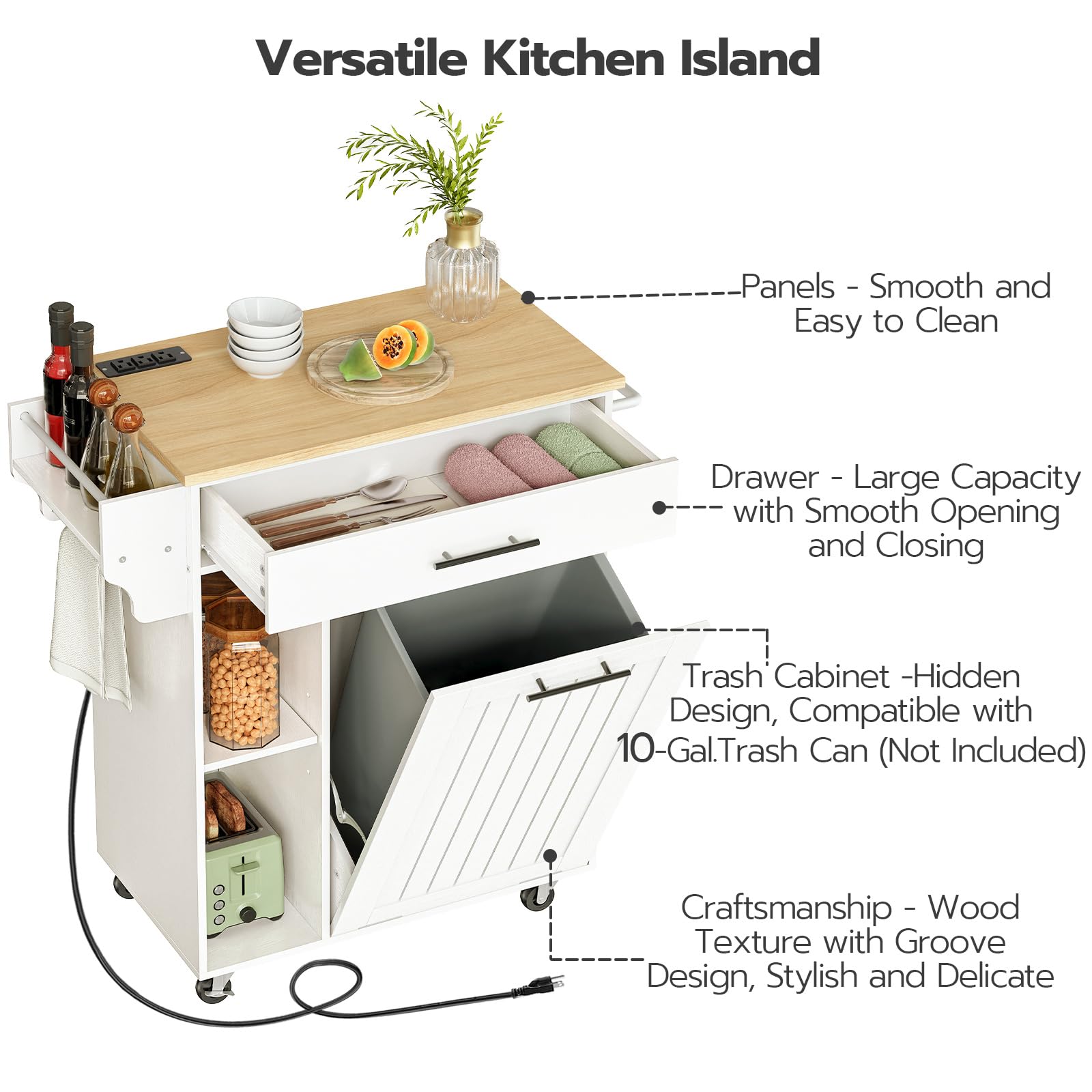 HOOBRO Kitchen Island with Trash Can Storage, Rolling Kitchen Island on Wheels, Kitchen Storage Island with Power Outlet, Mobile Islands Table for 10 Gallon Garbage Bin, Natural and White WN80UZD01G1