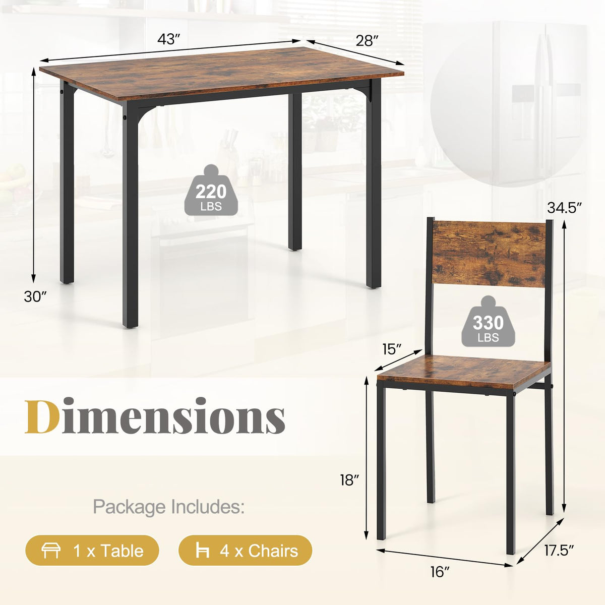 GIANTEX Dining Table Set for 4, 5-Piece Modern Kitchen Table and Chairs with Metal Frame & Adjustable Foot Pads, Space Saving Wood Dinette Set for Small Space, Breakfast Nook, Apartment (Brown)