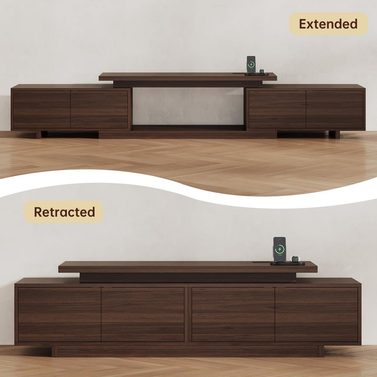 LIKIMIO Extendable TV Stand for 65-90 Inch TVs, Adjustable Length 63-94.5"