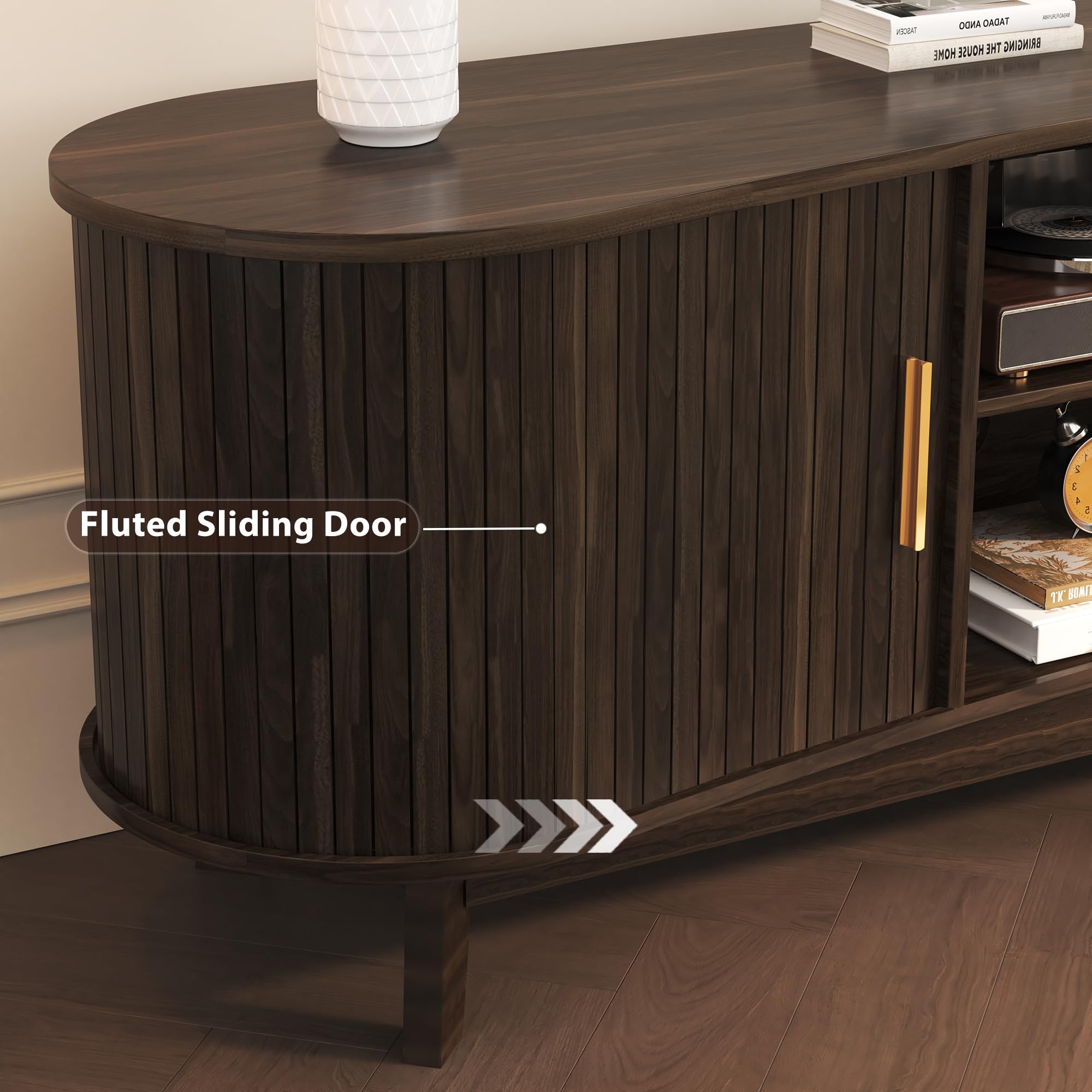 59" Mid-Century TV Stand with Sliding Doors & Power Outlets
