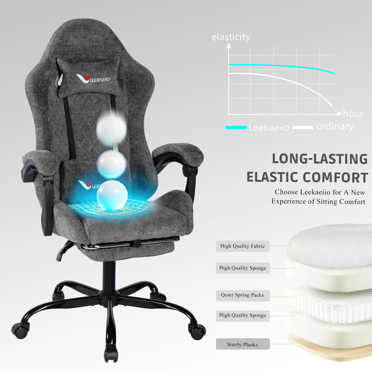 Leekaeiio Fabric Gaming Chair for Adults, Ergonomic Computer Office Desk Chair with Footrest,Pocket Spring Cushion, Reclining High Back Silla Gamer for Home Office, Grey