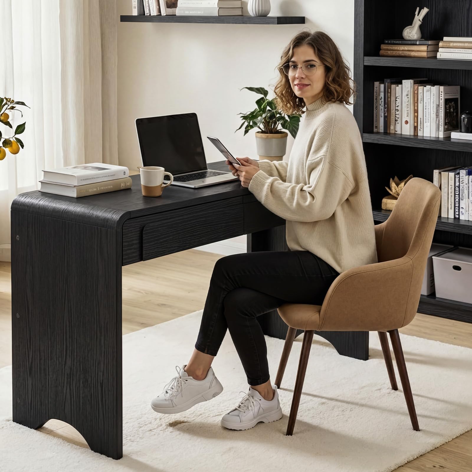 Bestier Computer Desk with 2 Drawers, 47 Inch Wood Home Office Desk, Small Writing Table with Curved Handles & Waterfall Rounded Edges, Cute Modern Desks for Bedroom Study Living Room, Black