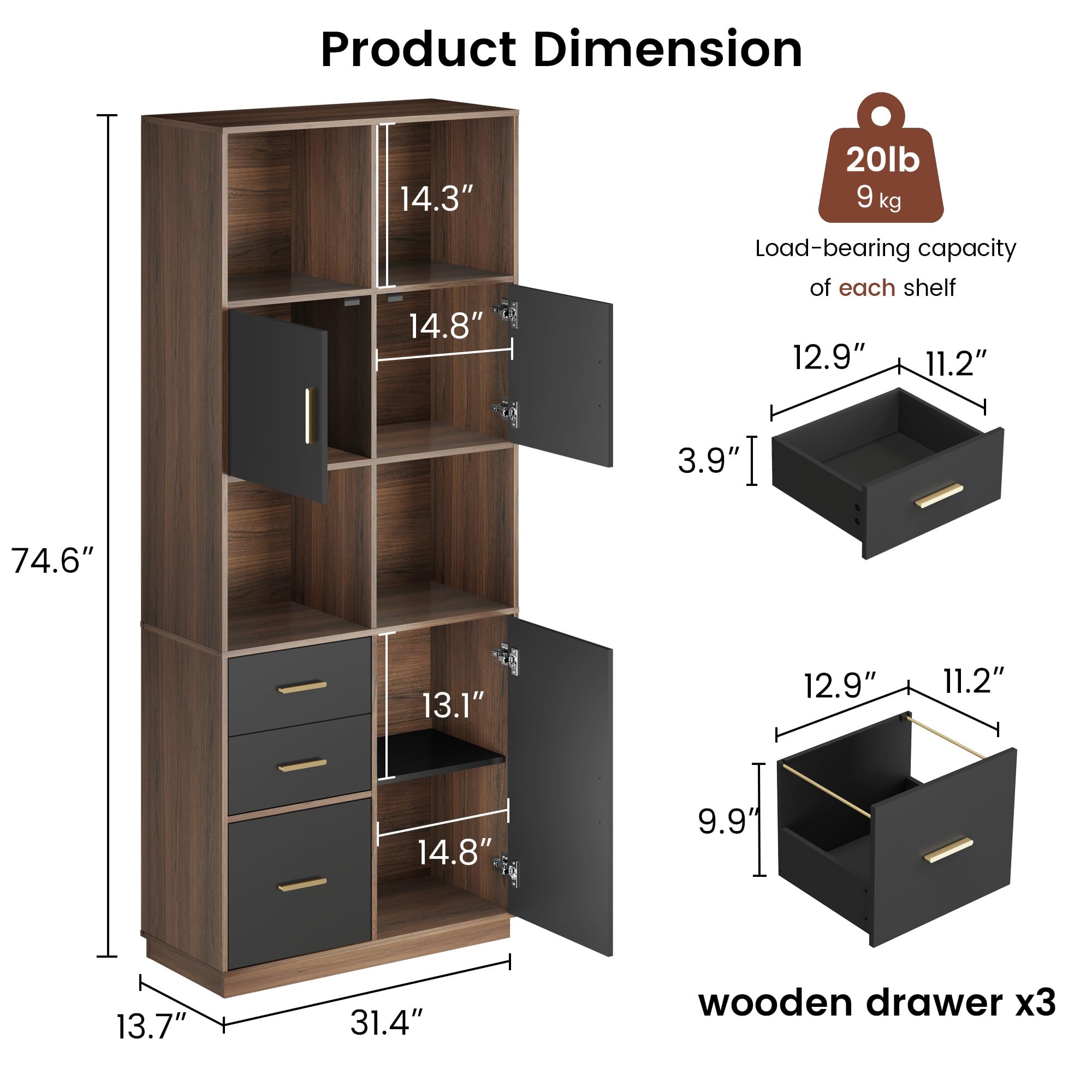74.6" Tall Bookcase with 3 Drawers & Doors, Wood Bookshelf with Open Cubes & Adjustable Shelves, Fits A4 Hanging Files, Modern Free-Standing Bookcase for Home Office, Living Room, Study, Black Walnut