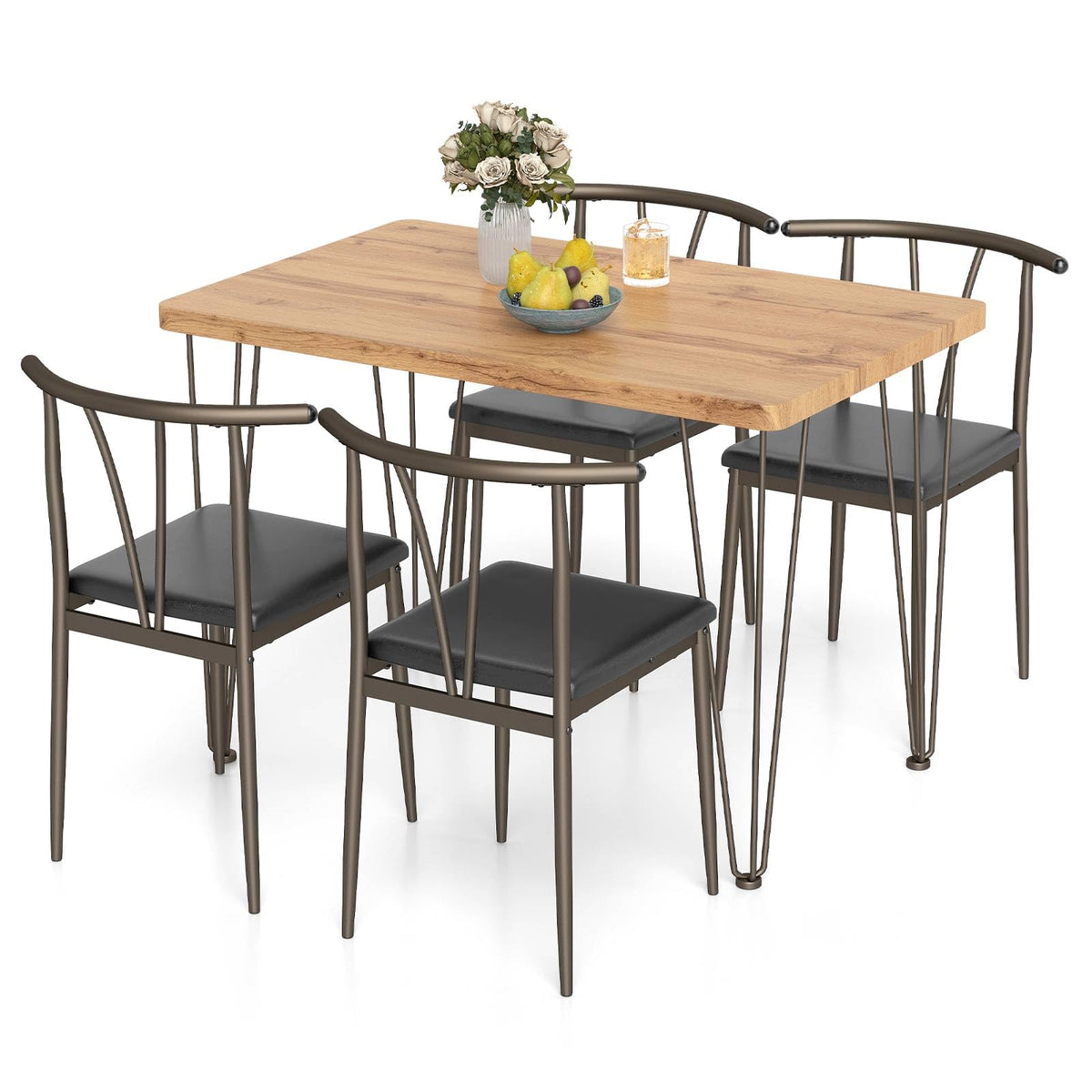 GIANTEX 5-Piece Dining Table Set, 43-Inches Rectangular Kitchen Table & 4 Armless Chairs with Upholstered Seat, Spindle Back, Metal Frame, Dinette Set for Small Space, Living Room (Oak+Black)