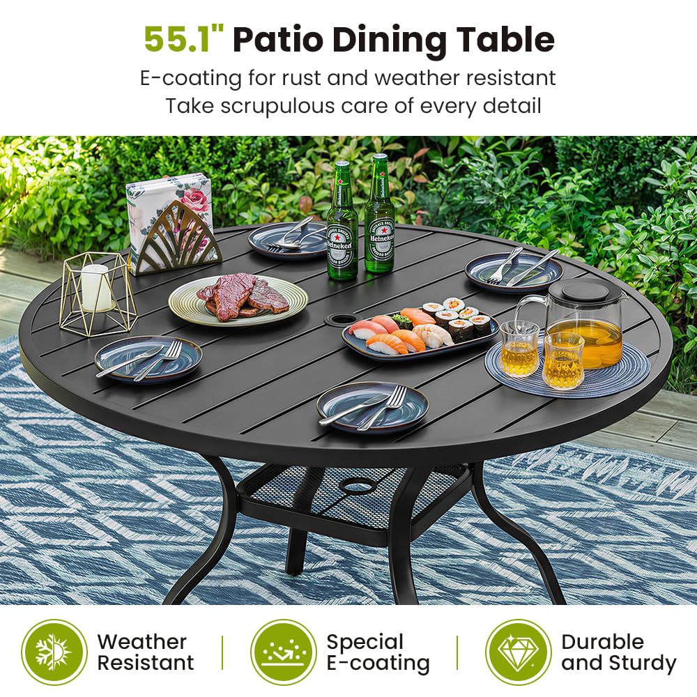 KWKSV 55.1 Inch Outdoor Dining Table for 6 – E-Coating Metal Round Patio Table with Adjustable 1.57" Umbrella Hole, All-Weather Table for Porch, Garden, Backyard, Poolside, Lawn