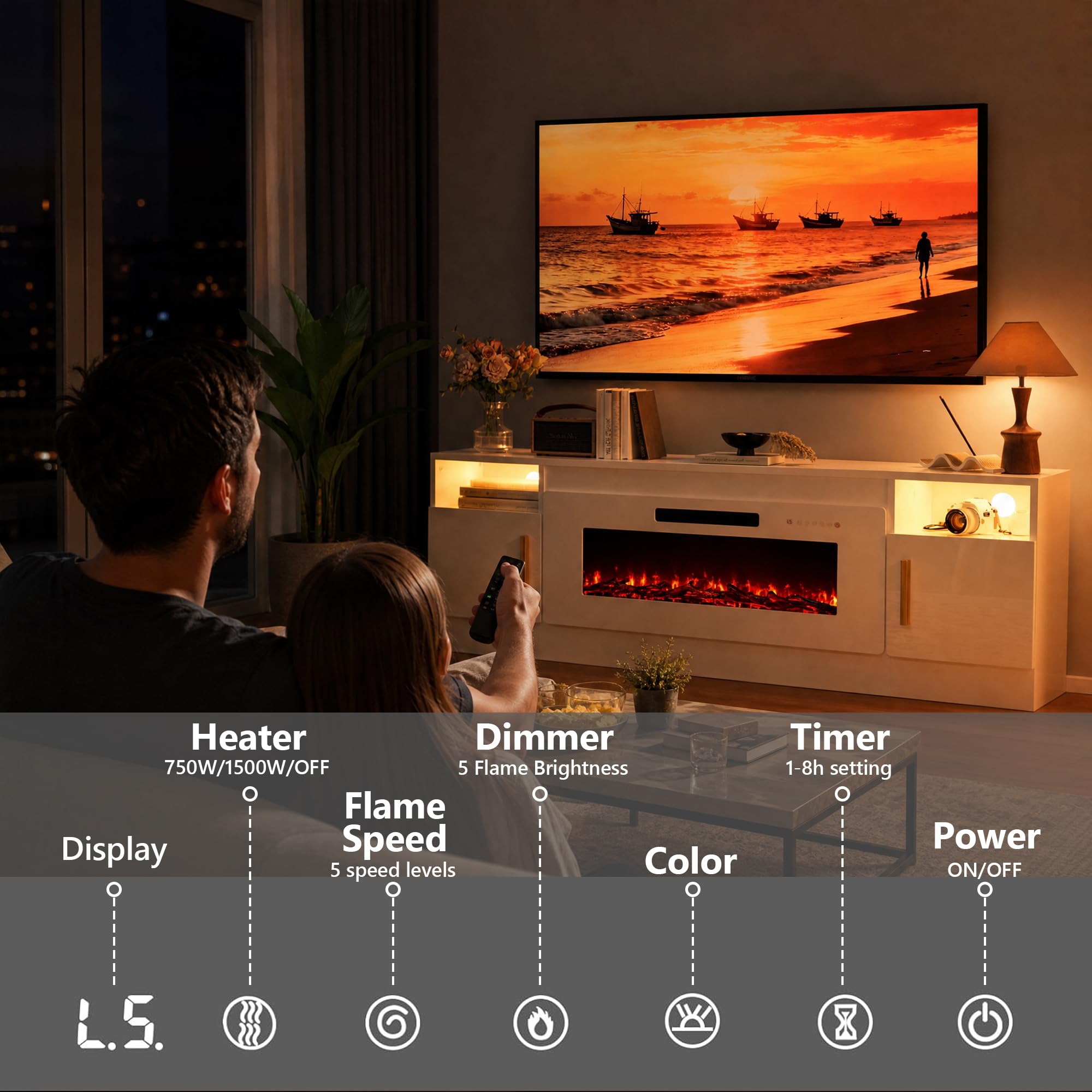 KENAINALU Fireplace TV Stand with 40’’ Electric Fireplace, 70'' TV Media Entertainment Center with Fireplace Up to 80 inch,Modern LED TV Console with High Gloss Cabinet for Living Room