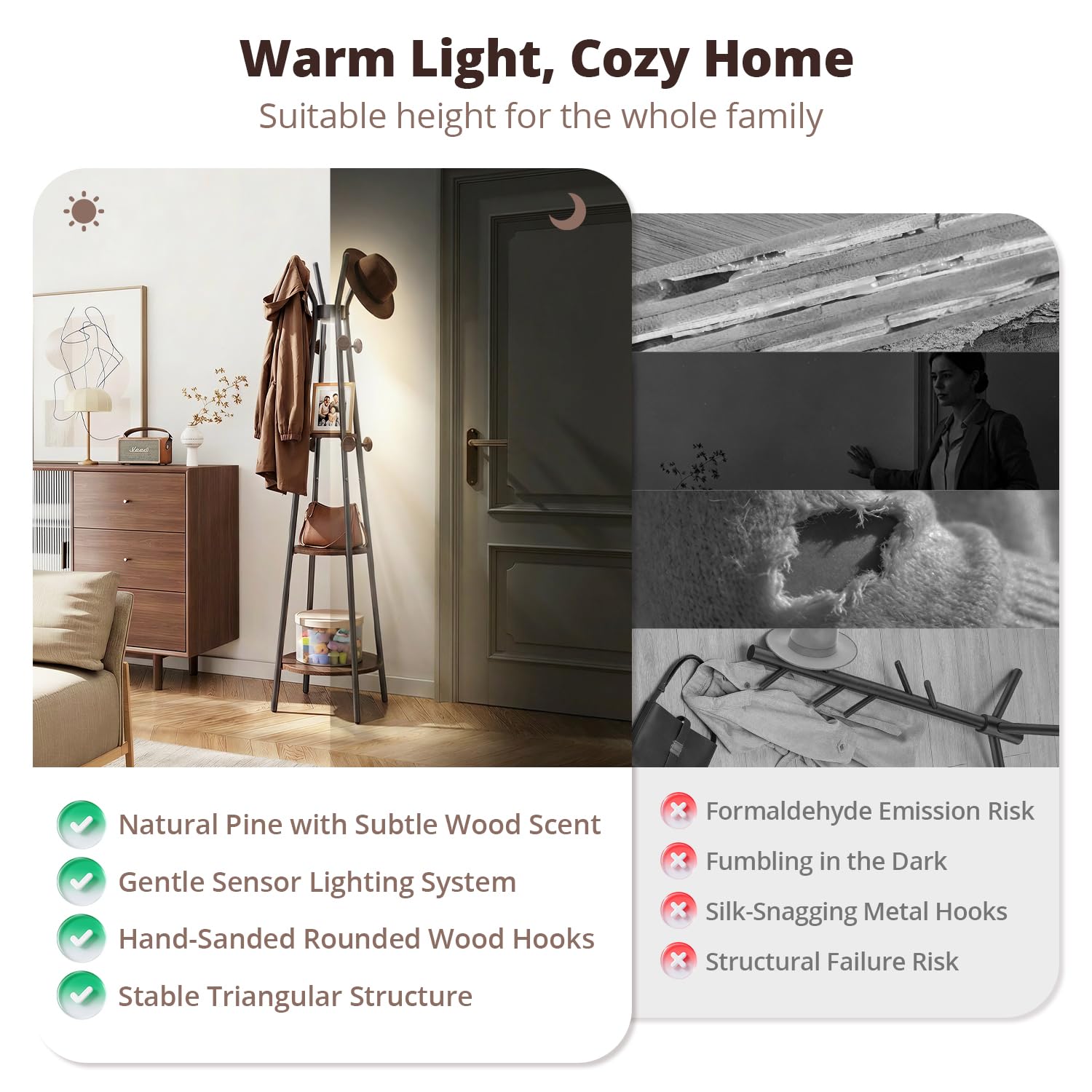 Freestanding Coat Rack with Motion Sensor Light, 3 Shelves & 12 Hooks