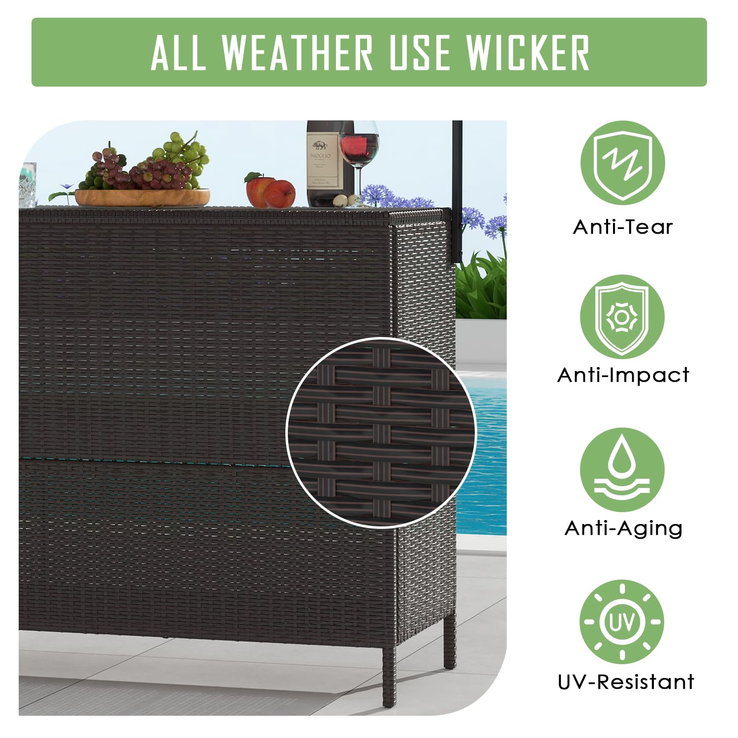 Vikiullf Outdoor Tiki Bar Set, 3 Pieces Wicker Patio Bar Set with Height Stools, Wicker Islander Tiki Bar and 2 Stools Storage for Garden