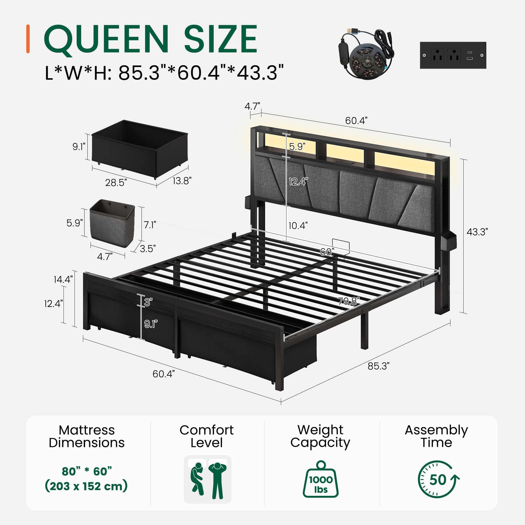 LARMACE Queen Size Bed Frame with 2 Storage Drawers, Upholstered Headboard, LED Light & Charging Station, Metal Platform Bed Frame, No Box Spring Needed, Easy Assembly, Black Oak