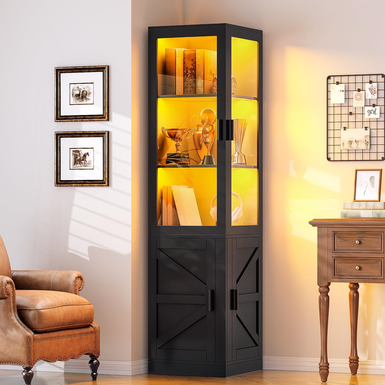 HOOBRO Corner Display Cabinet with Glass Doors，69.5" Glass Display Cabinet with LED Lights, Corner Storage Cabinets for Collectibles, Books, Modern Curio Cabinets Bookcase, Black BK01DDC01