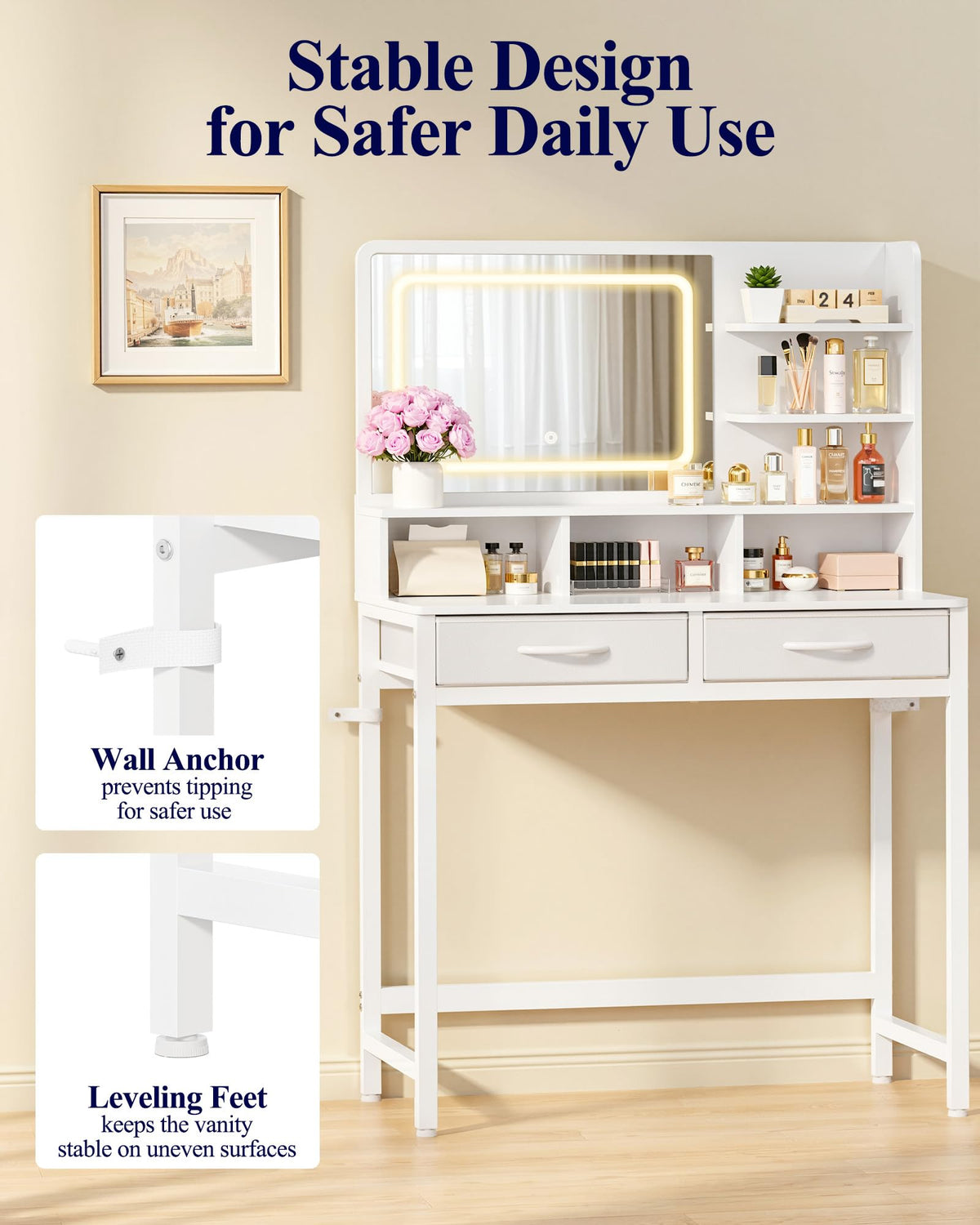 White Vanity Desk with LED Mirror