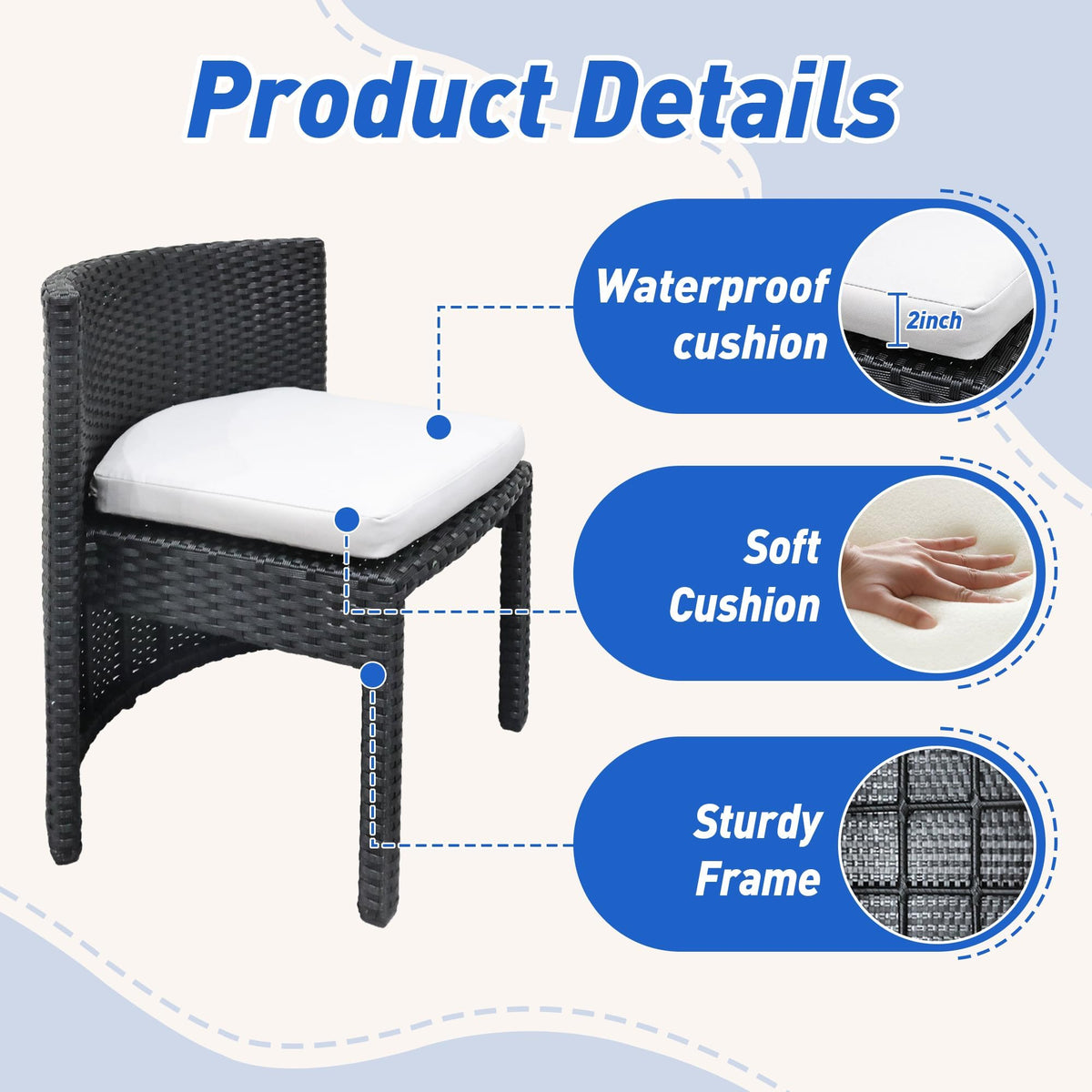 Vmopu 3-Piece Rattan Bistro Set, Foldable Outdoor Dining Set with Cushions