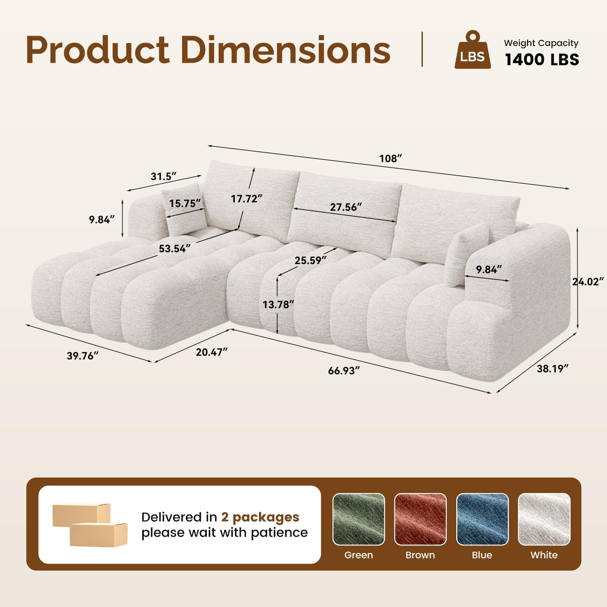 108” Boneless Couch, Cloud Couch with L-Shape Chaise, Modular Sectional Sofa with Oversized Deep Seat,Couch for Living Room Bedroom,No Assembly Required,White