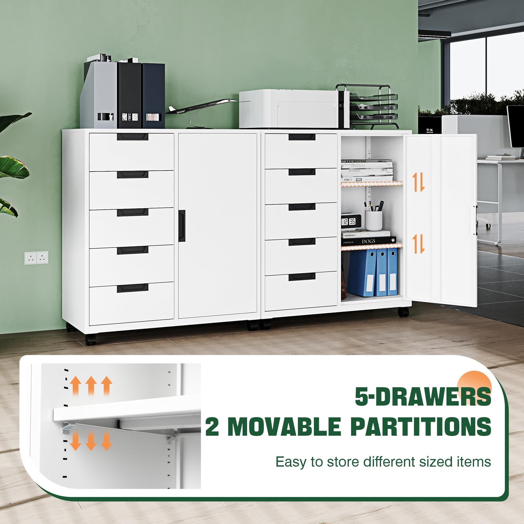 5-Drawer Metal Storage Cabinet with Printer Stand & Shelved Door