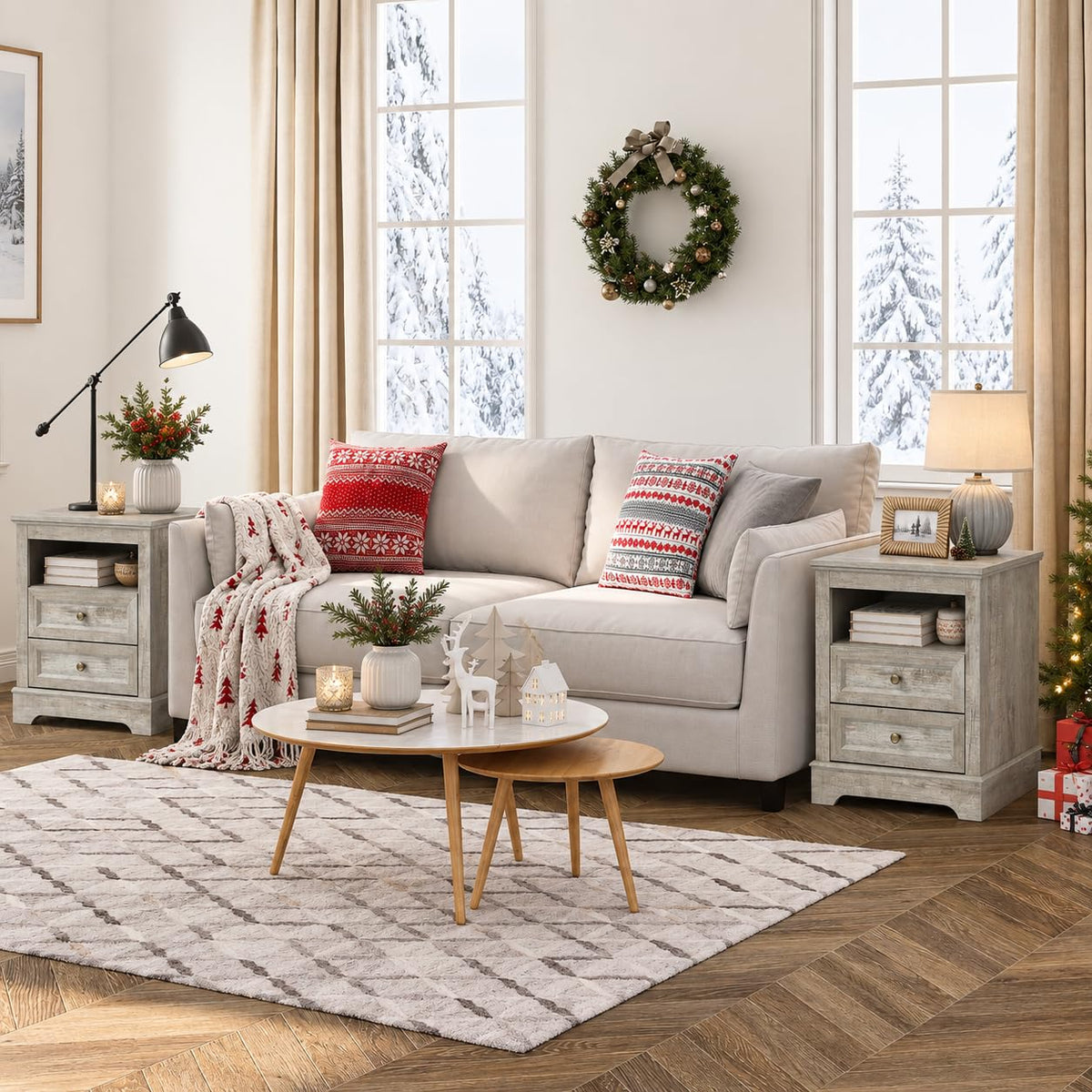 LOUVIXA Farmhouse Bedroom Sets of 3, Including 9 Drawer Dresser, Nightstand Set of 2 with Charging Station (Grey Sets)