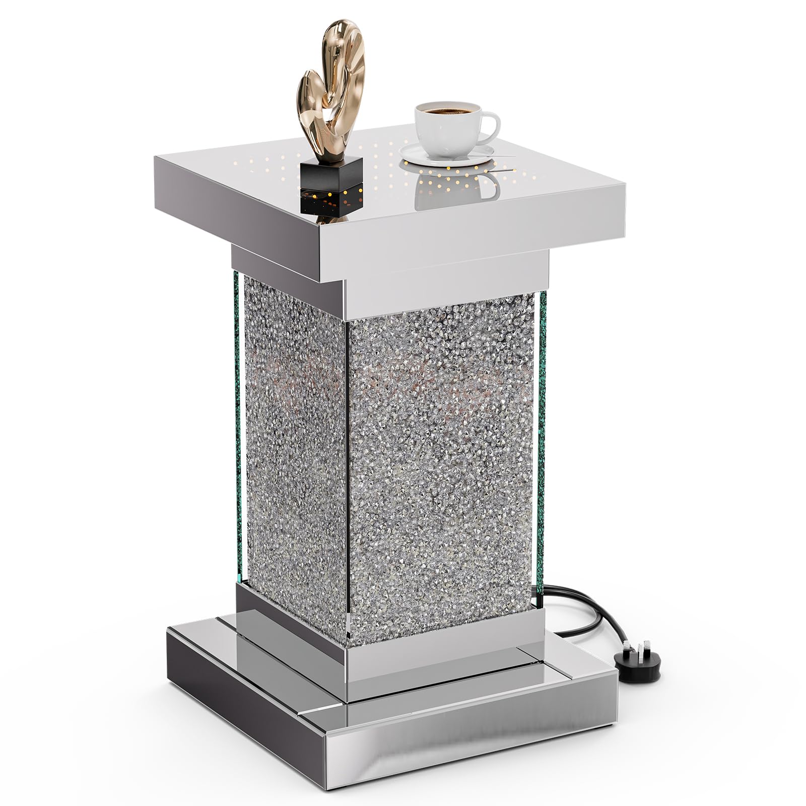 KZNGK Mirrored End Table Nightstand with LED Light, Modern LED Side Table with Crystal Diamond Inlay, Remote Control, 8 Colors Changing Light