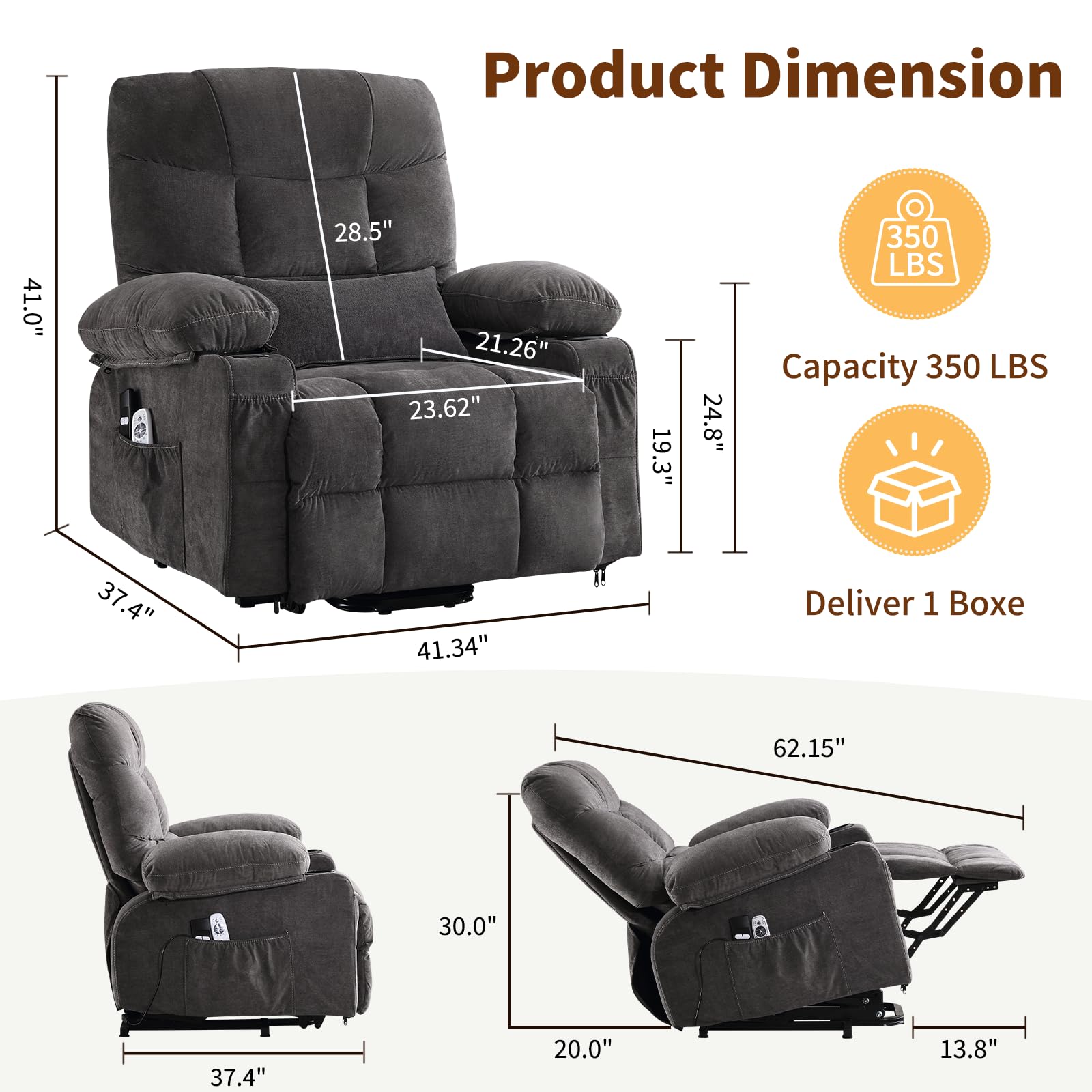 PoteSoar Power Lift Recliner Chair for Elderly with Massage and Heat, Comfortable Electric Power Reclining Chair with Side Pockets,2 Cup Holders and USB Charging Port for Living Room (Grey)