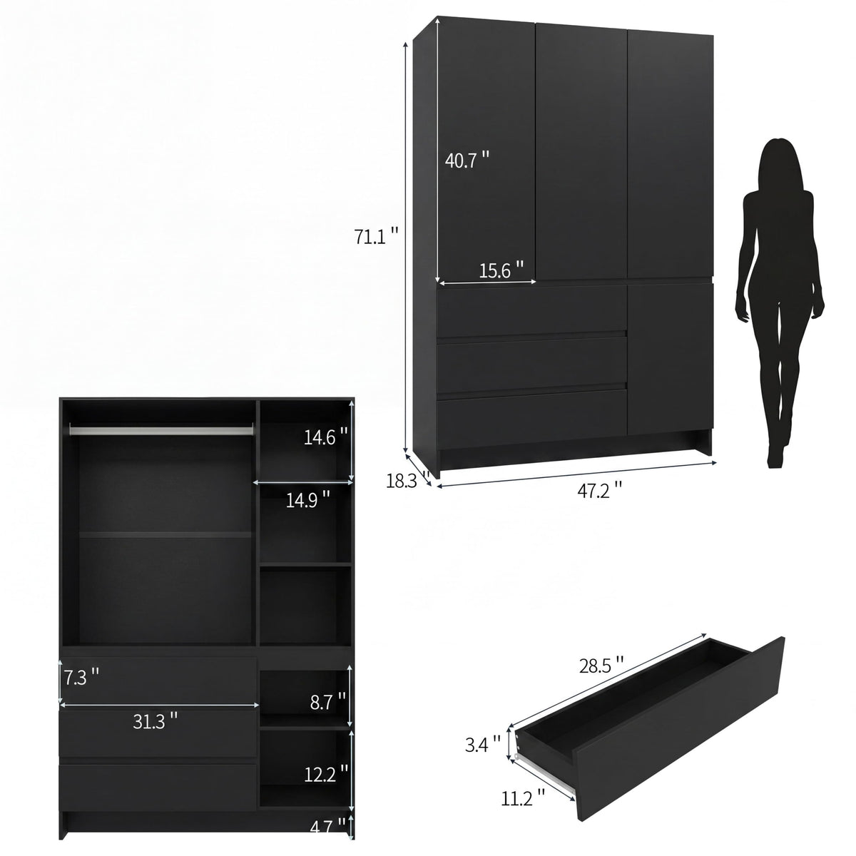 VOWNER Armoire Wardrobe Closet with 4 Doors, Bedroom Armoire with Mirrors