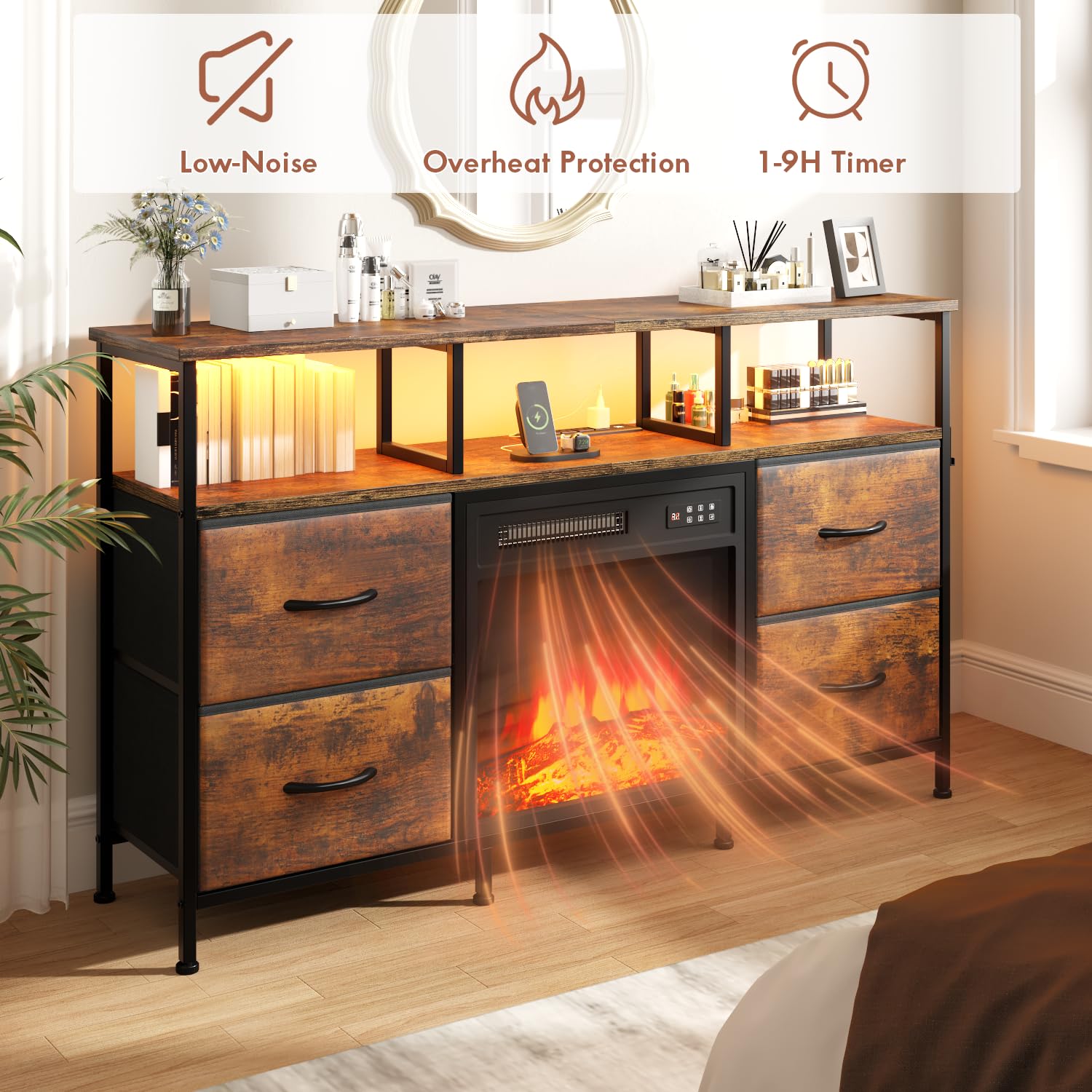 Fireplace TV Stand with Drawers & LED Lights