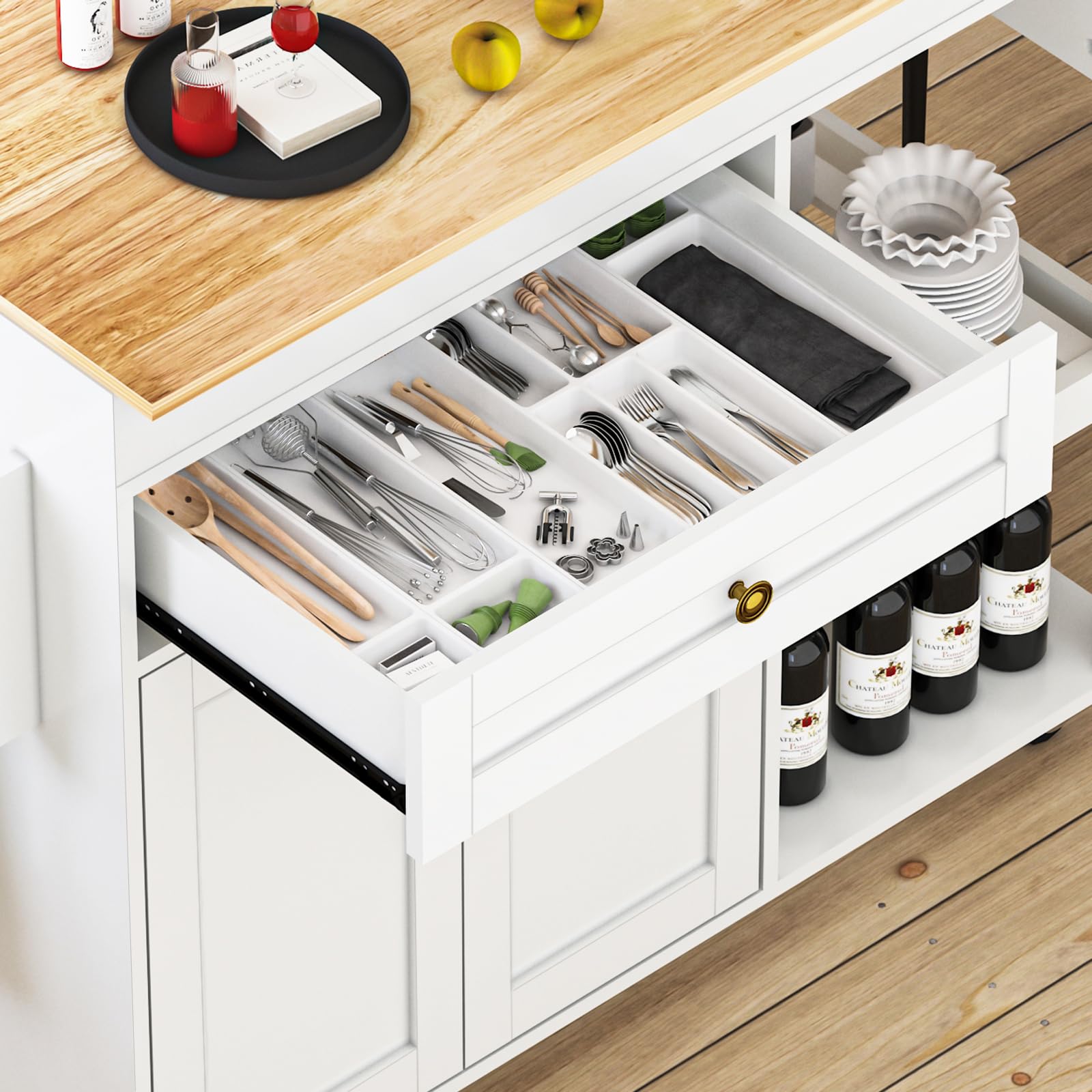 CayugaCrekrd 81.5" Kitchen Island with Extendable Dining Table, Rolling Kitchen Cart on Wheels with Spice Rack, Drawer and Door Cabinet for Dining Room, White