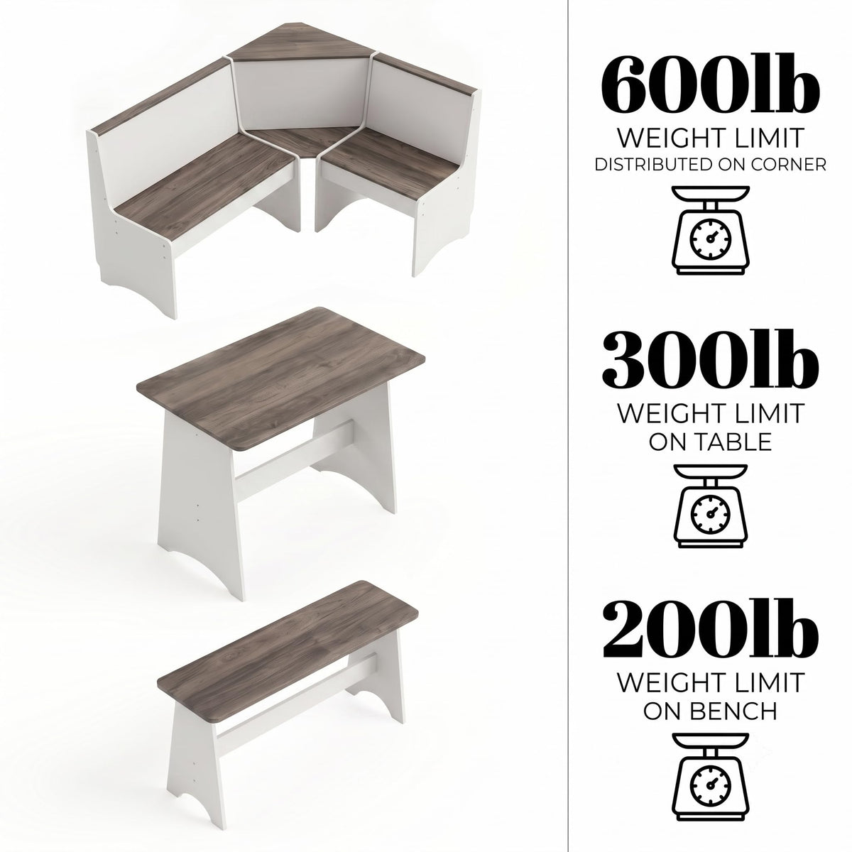 Farmhouse Breakfast Nook Table Set with L-Shaped Bench (White + Gray)