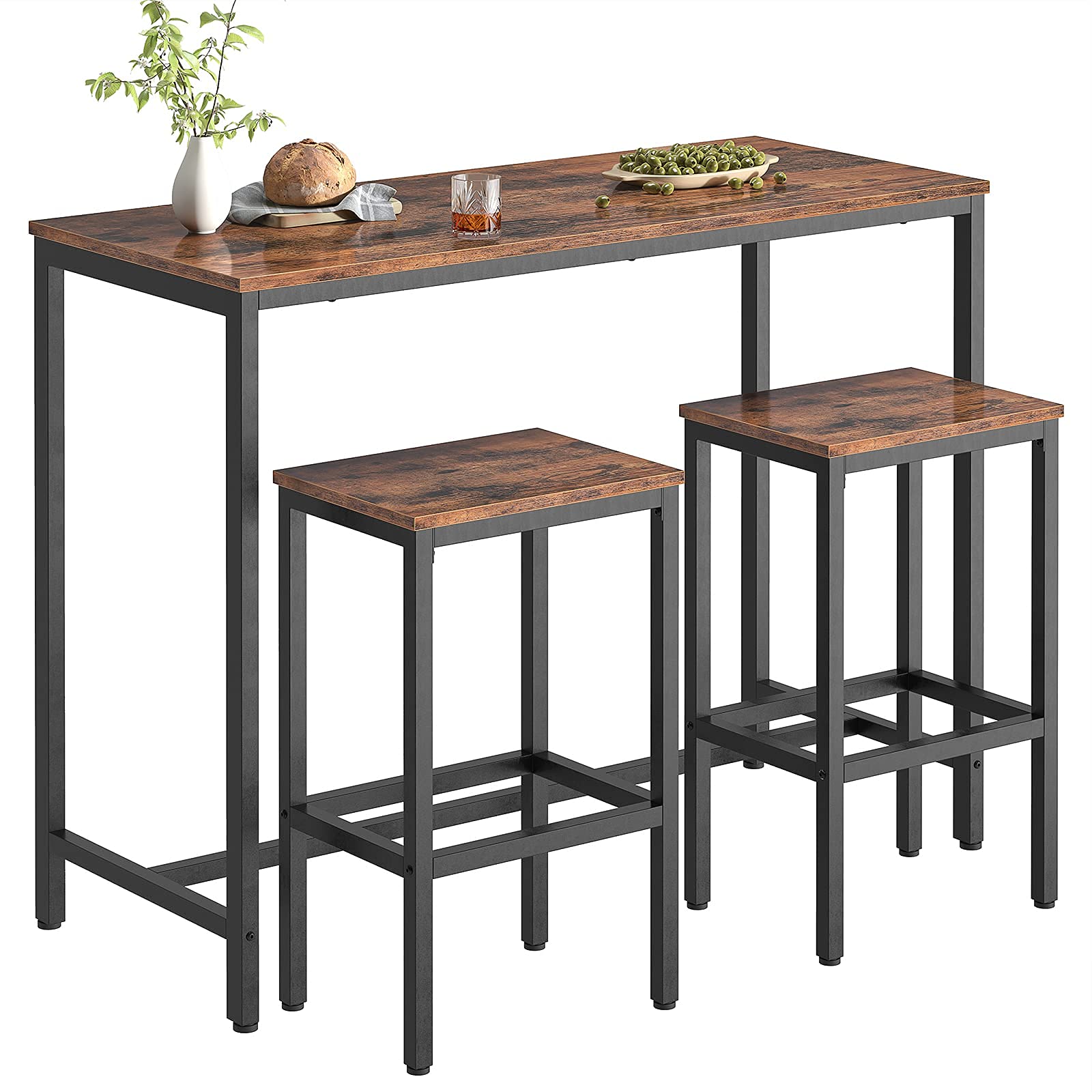 HOOBRO Bar Table and Chairs Set, 47.2” Rectangular Pub Table with 2 Stools for Small Space, High Top Table, 3-Piece Breakfast stools Set, Sturdy Metal Frame, Easy to Assemble, Rustic Brown BF52BT01