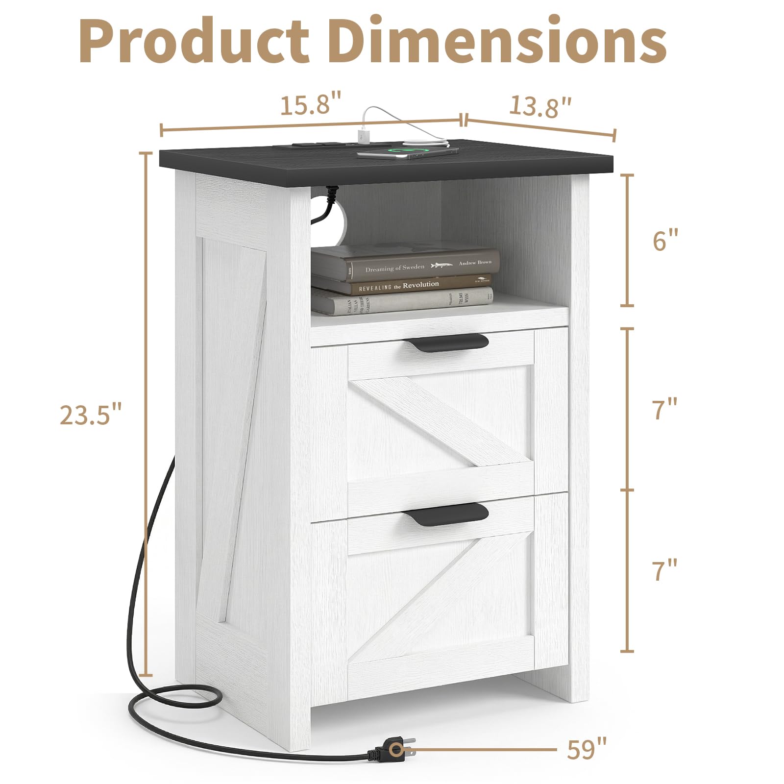 Farmhouse Nightstand Set of 2 with Charging Station & Drawers